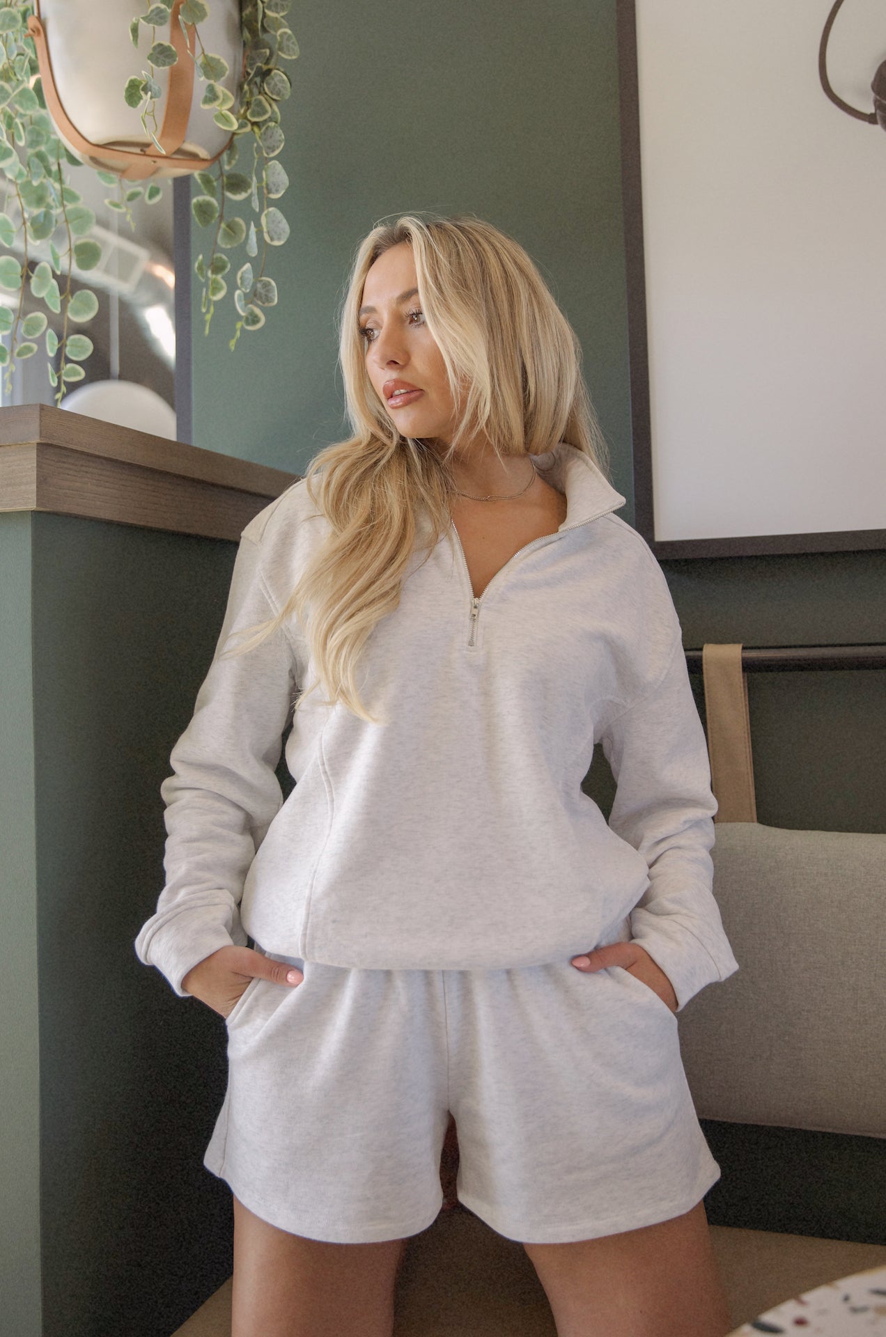 grey fleece sweater and shorts two piece set