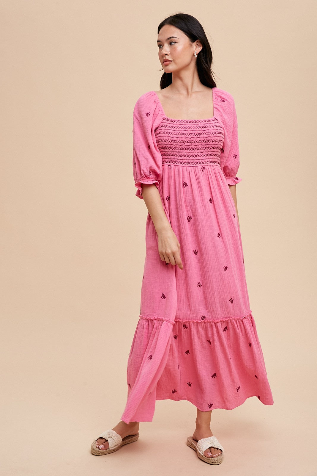 Tory Embroidered Gauzey Midi Dress - Pink