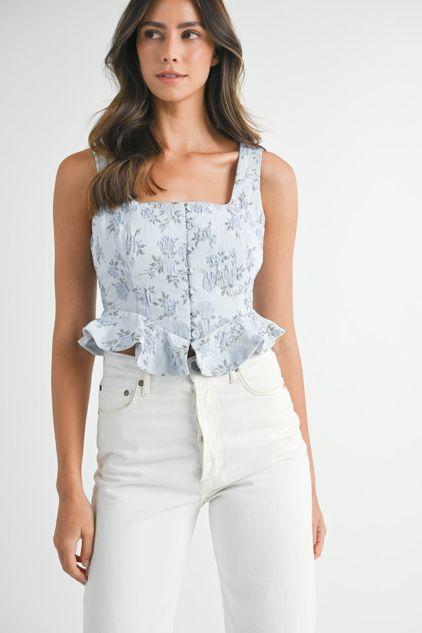 Blue Floral Jacquard Peplum Crop Top