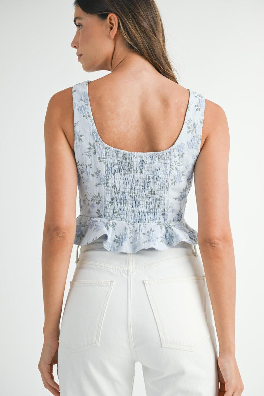 Blue Floral Jacquard Peplum Crop Top