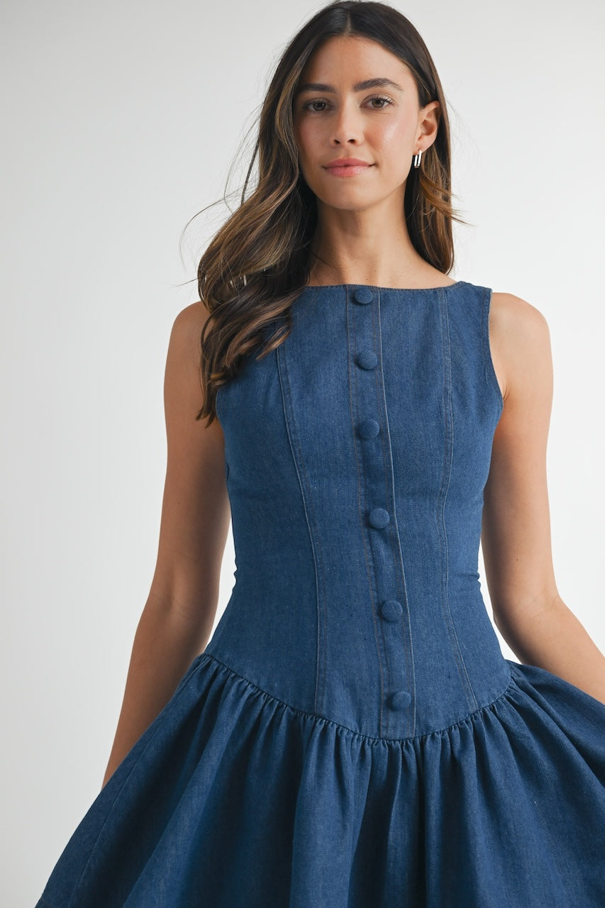 Denim Button Front Low Waist Mini Dress