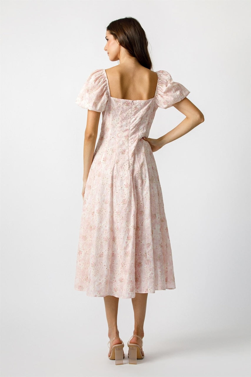 Blush Pink Floral Puff Sleeve Midi Dress