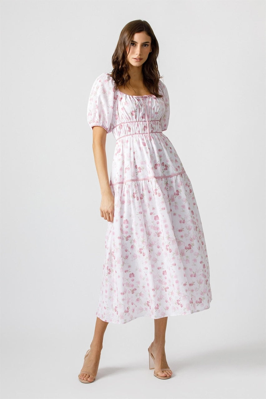 Ivory Pink Floral Puff Sleeve Midi Dress
