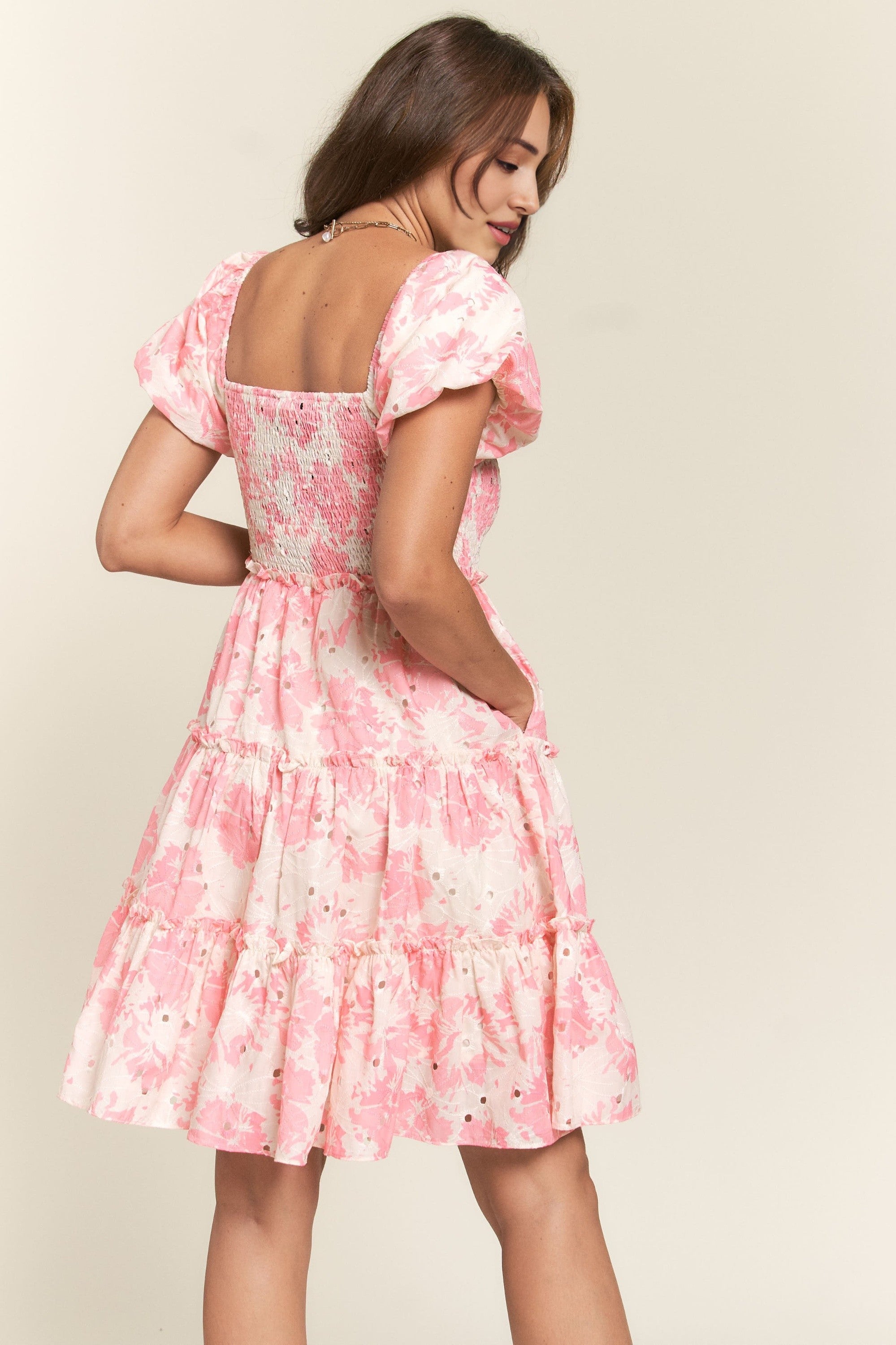 Pink Puff Sleeve Floral Dress