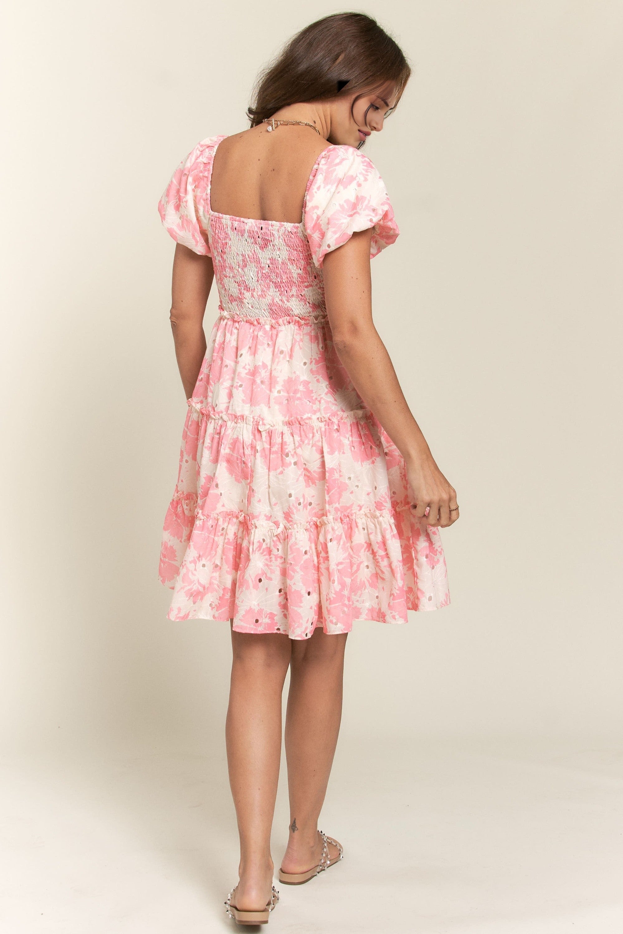 Pink Puff Sleeve Floral Dress