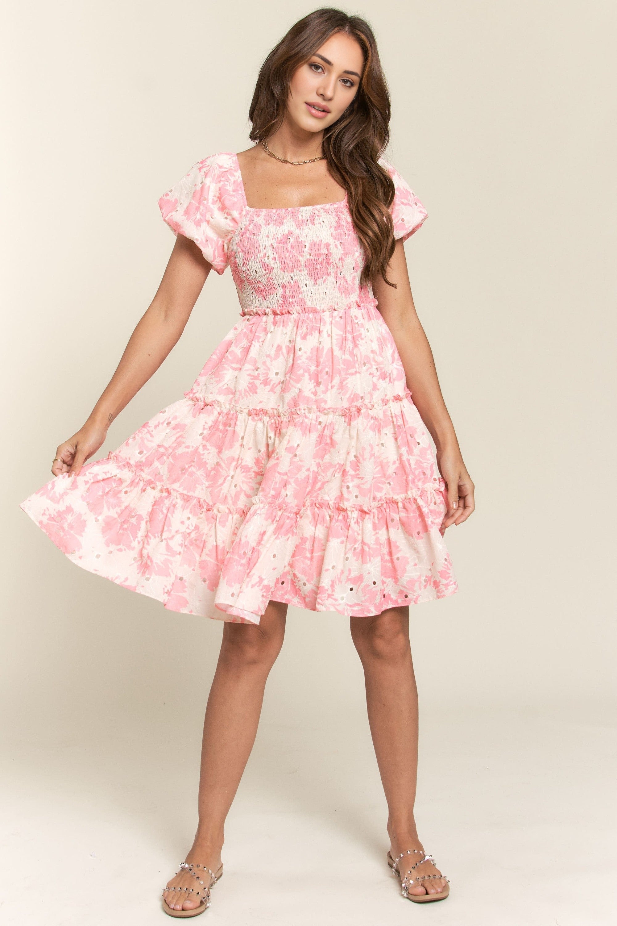 Pink Puff Sleeve Floral Dress