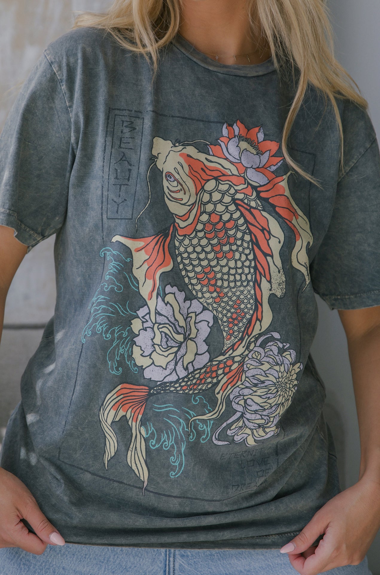 koi fish graphic tee on mineral wash cotton tee