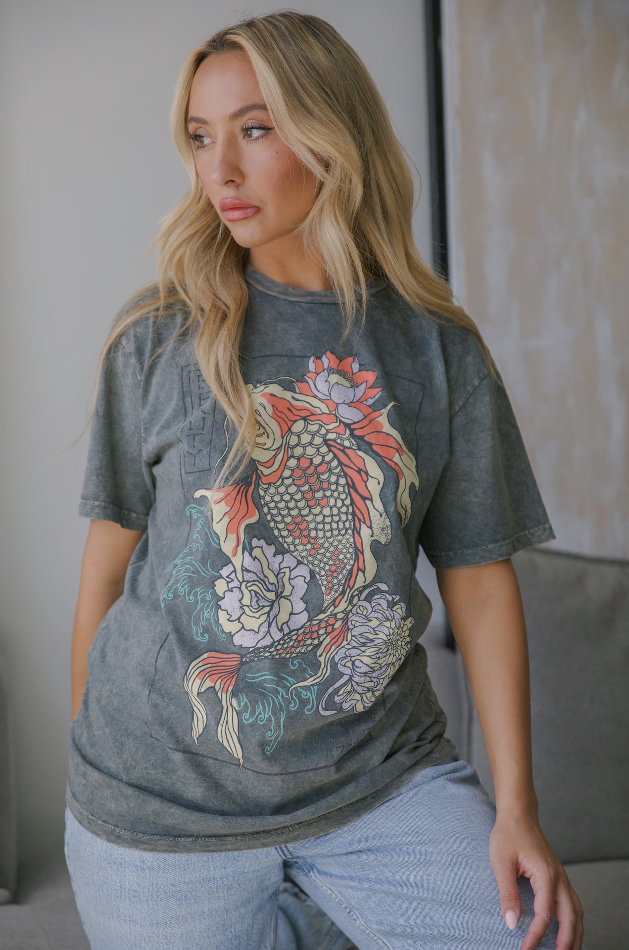 koi fish graphic tee on mineral wash cotton tee