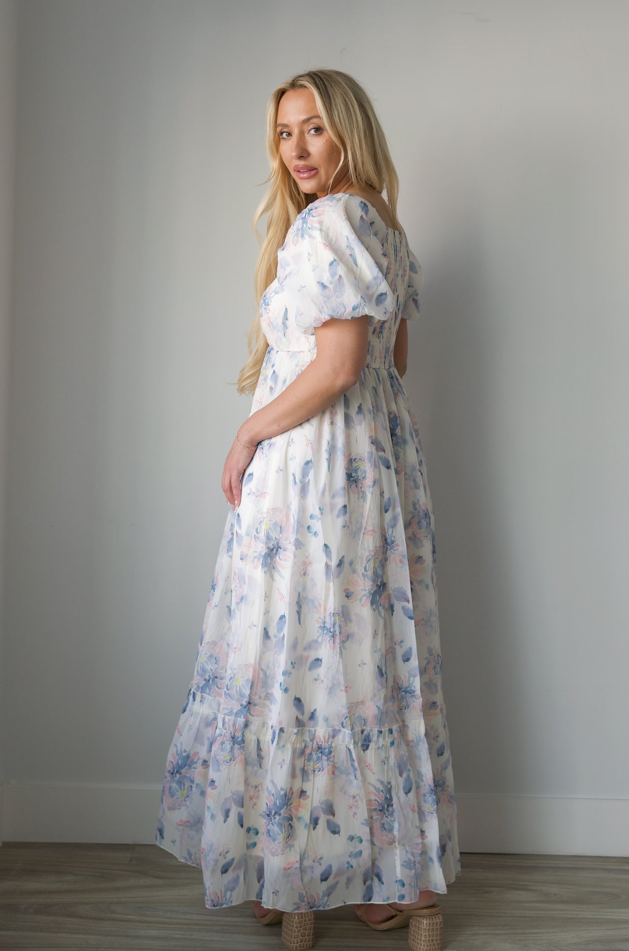 blue floral print square neck maxi dress