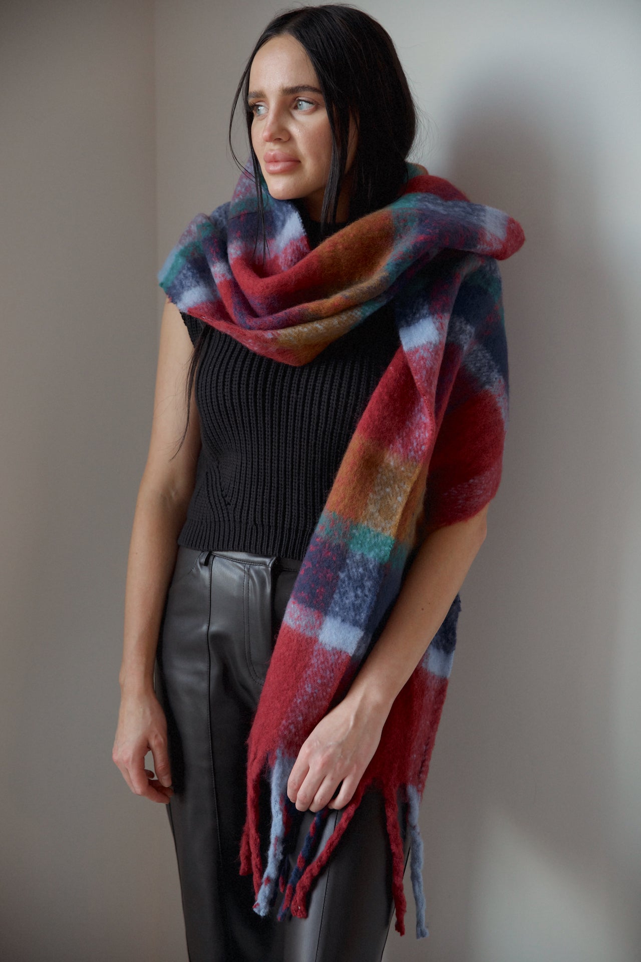 burgundy multicolor fringe scarf
