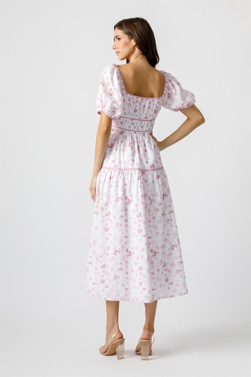 Ivory Pink Floral Puff Sleeve Midi Dress