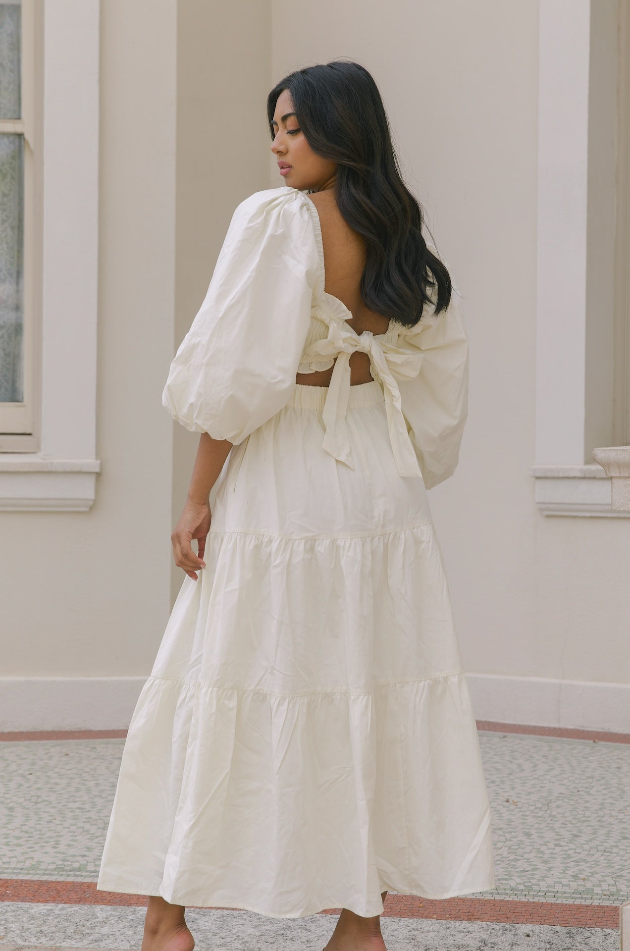 cream puff sleeve tiered midi dress with back tie