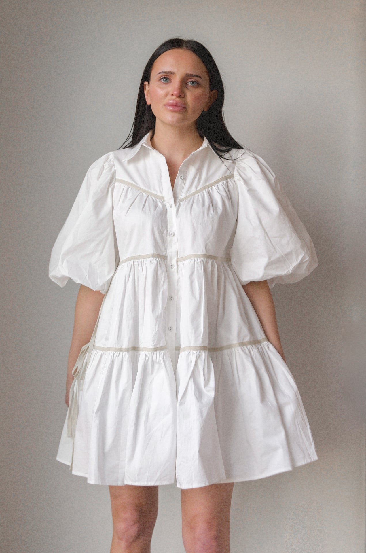 white puff sleeve tiered babydoll mini dress