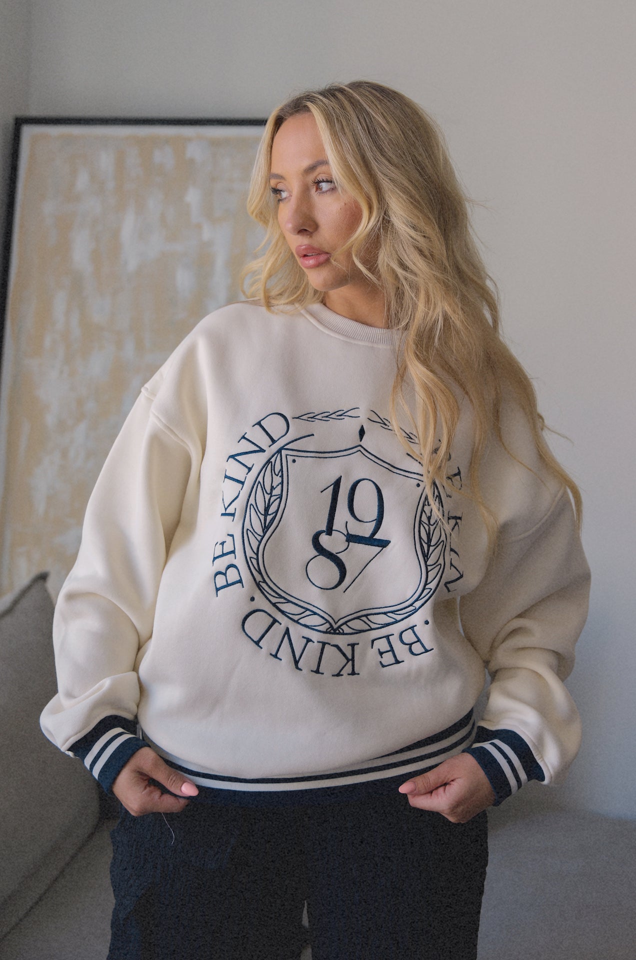 1987 be kind bailey rose sweatshirt in cream with blue embroidery