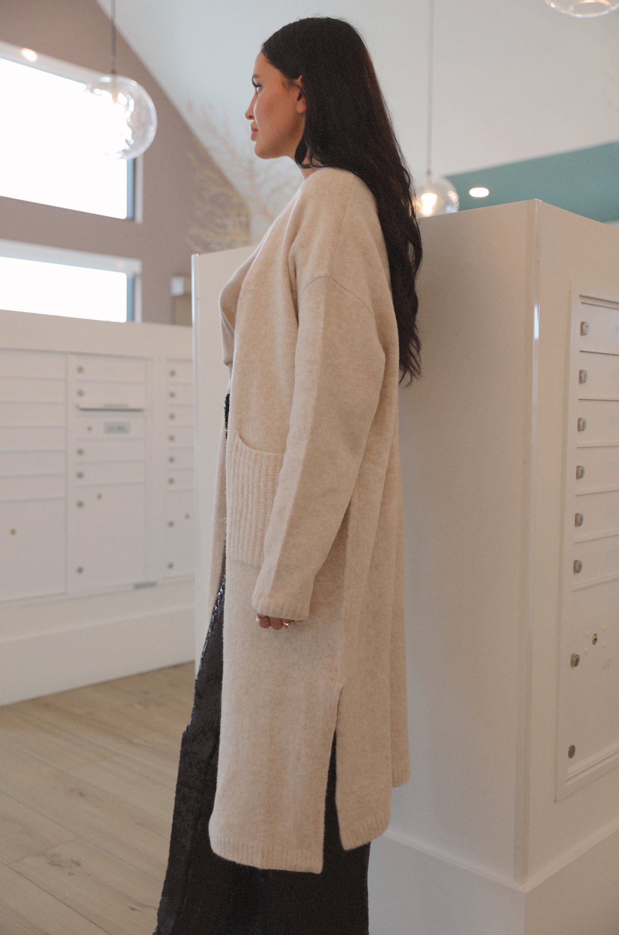 taupe beige maxi cardigan with long sleeve and front pockets