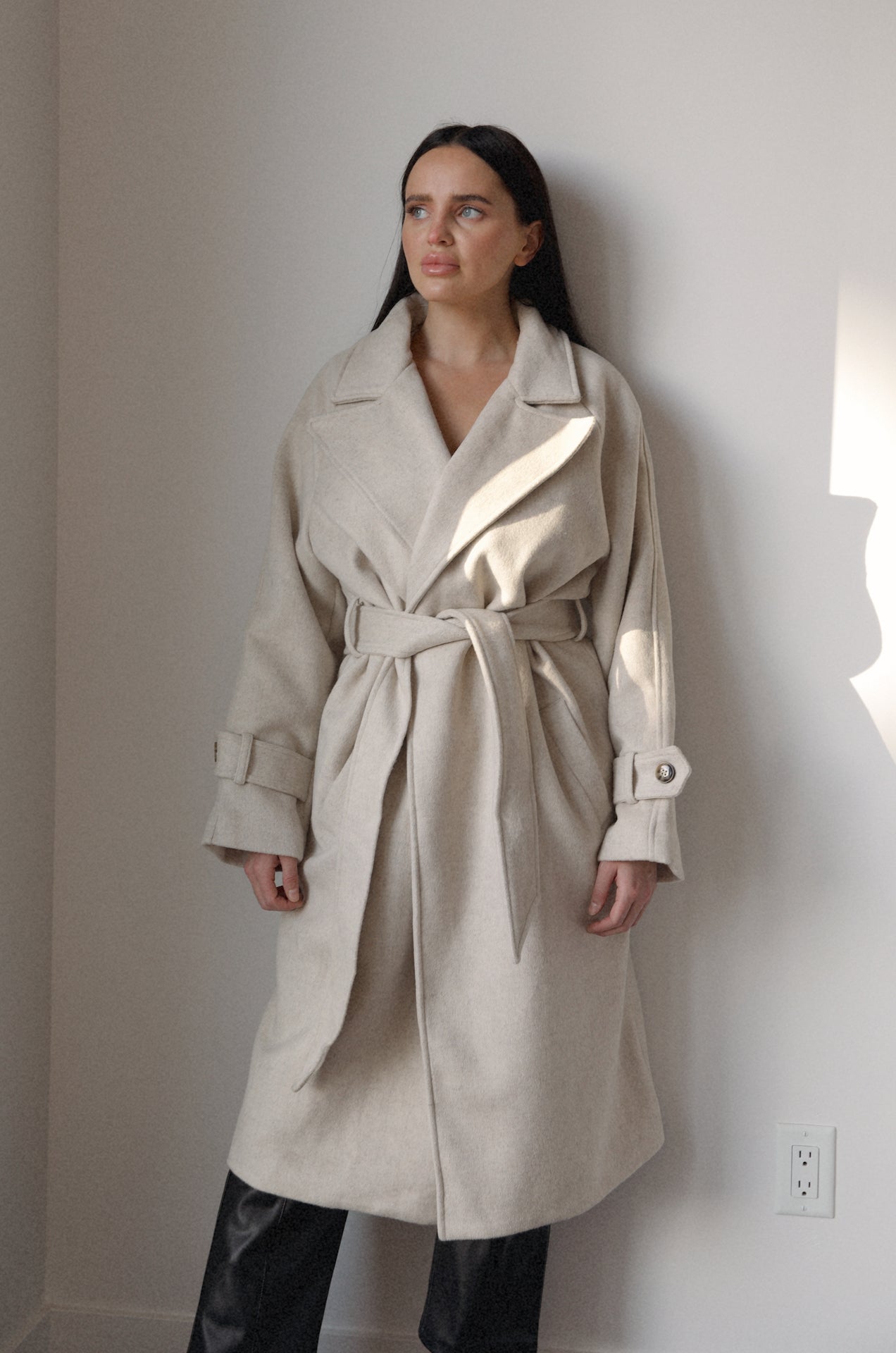 belted cream oversized wool blend coat