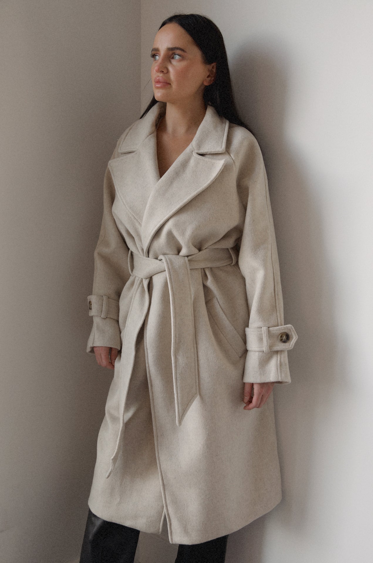 belted cream oversized wool blend coat