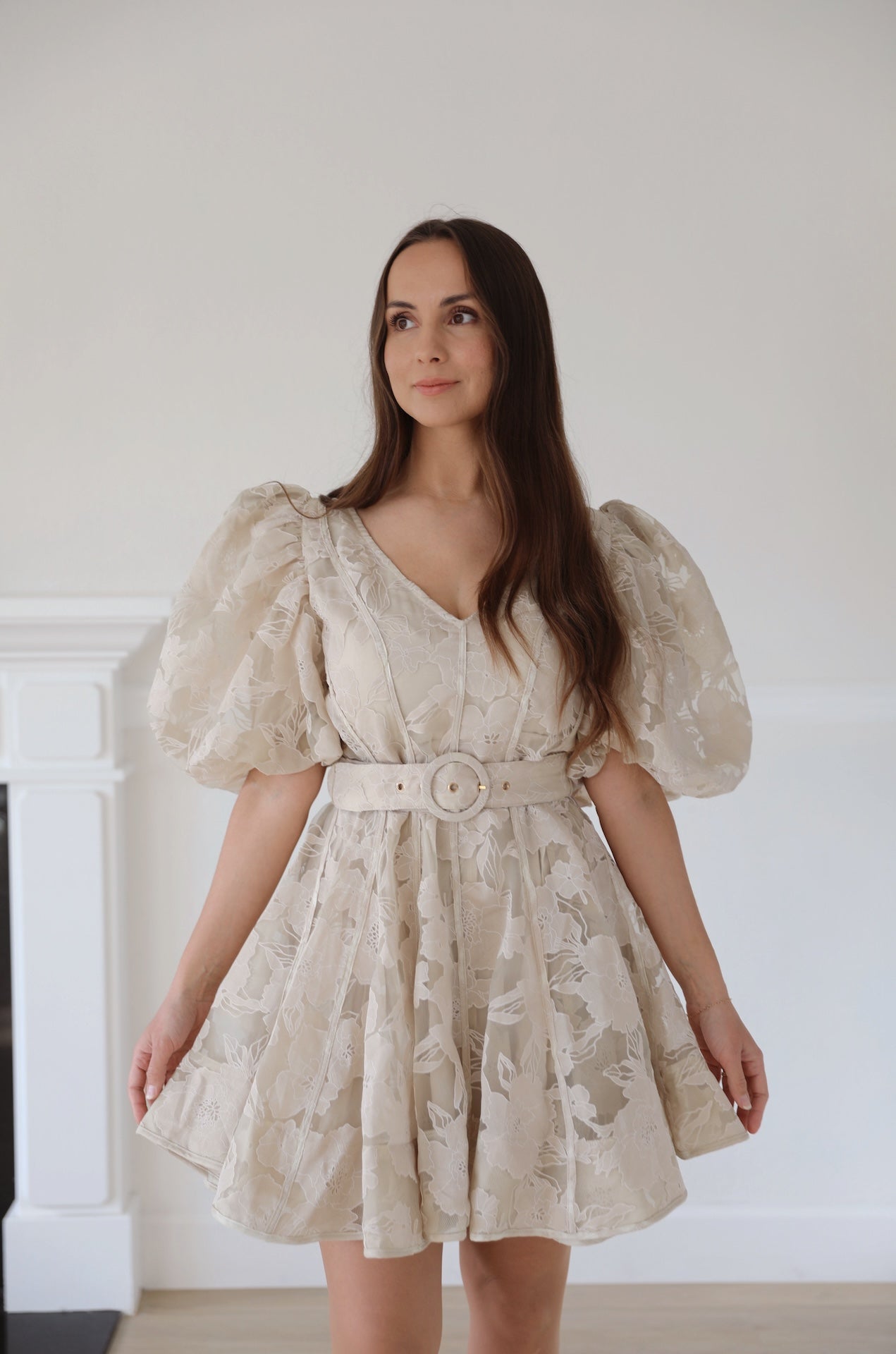 Puff Sleeve Beige Floral Dress L
