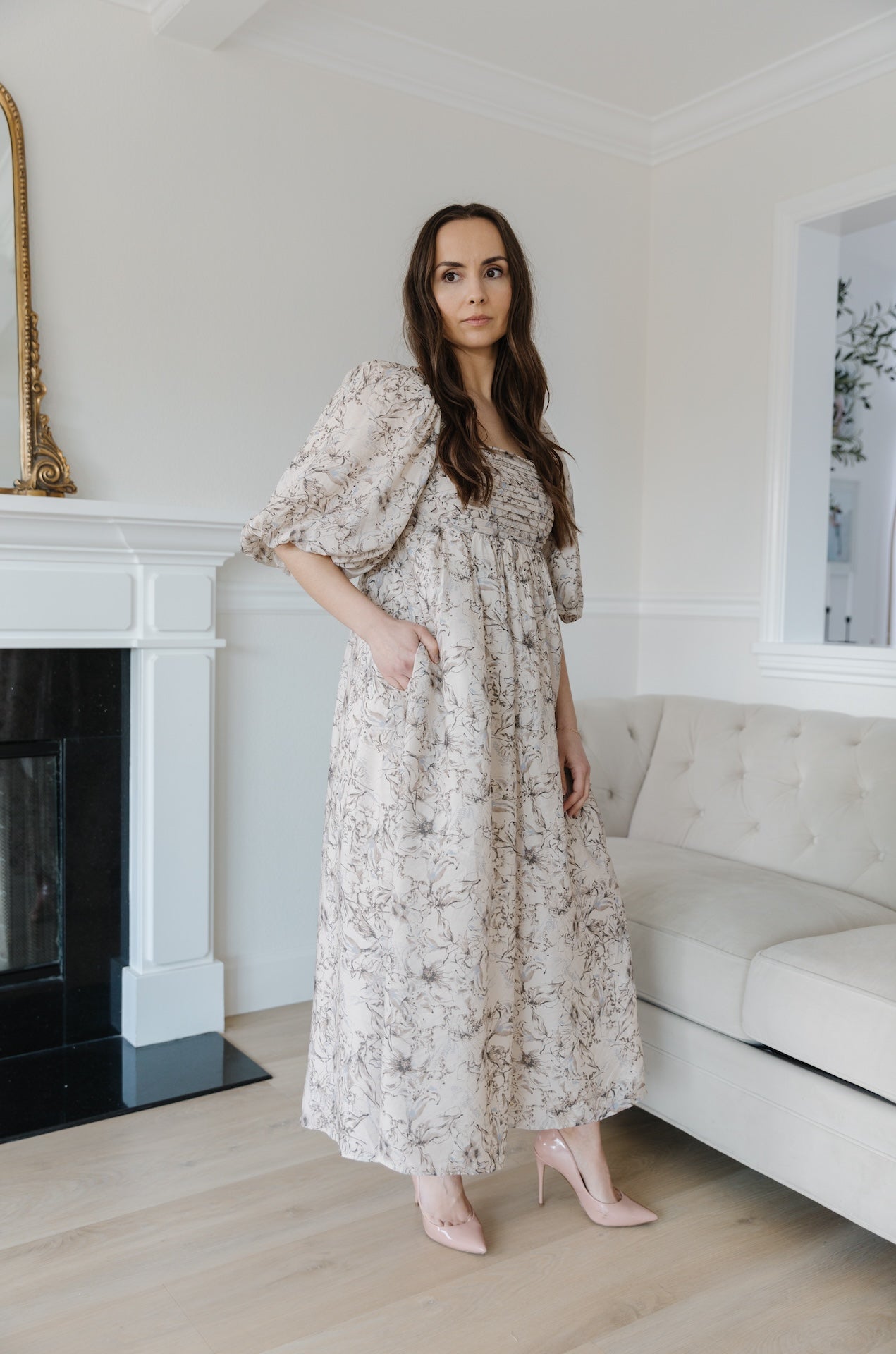 beige floral puff sleeve midi dress with a back bow tie