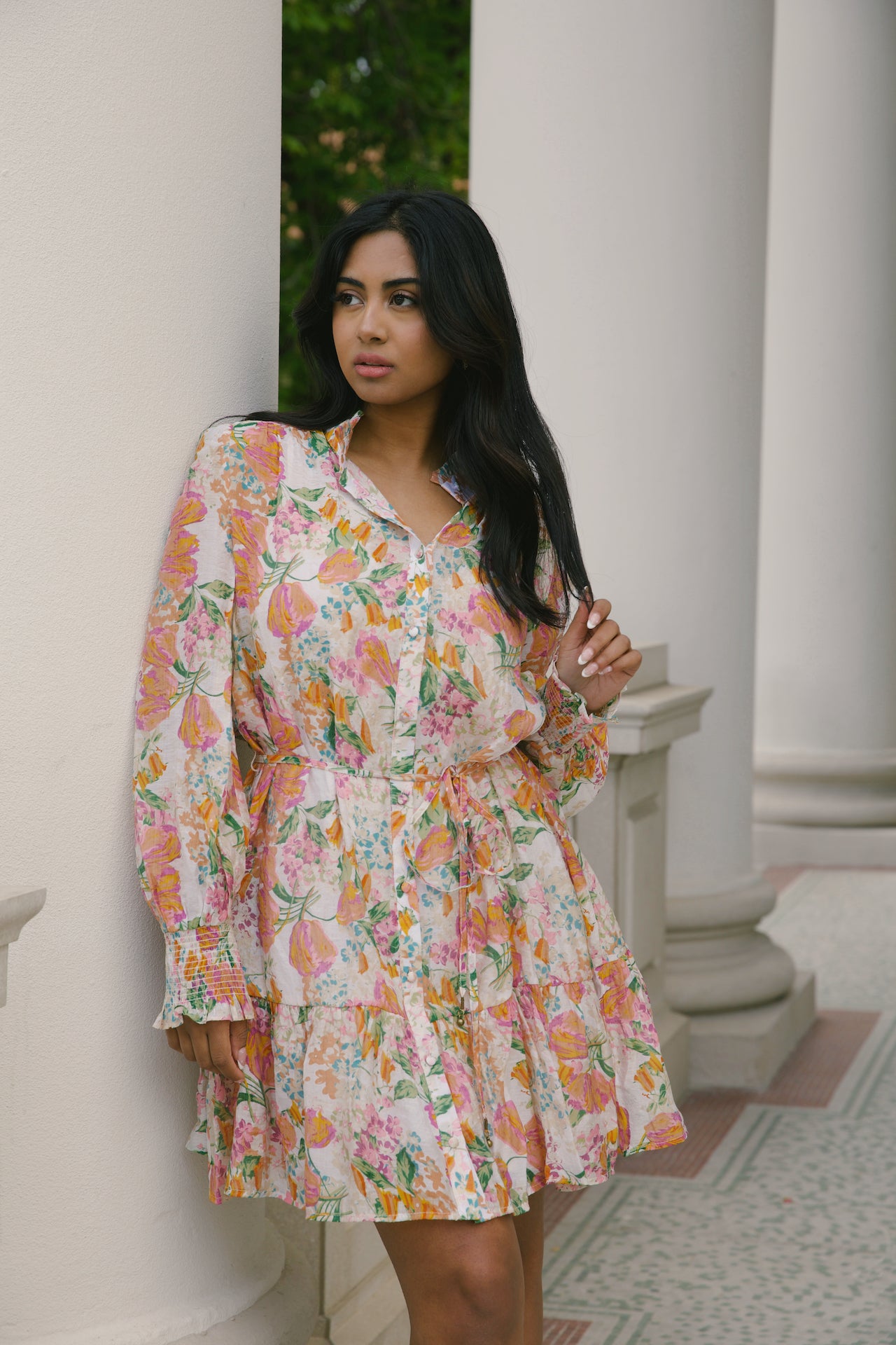 beige with orange floral mini dress with long sleeves