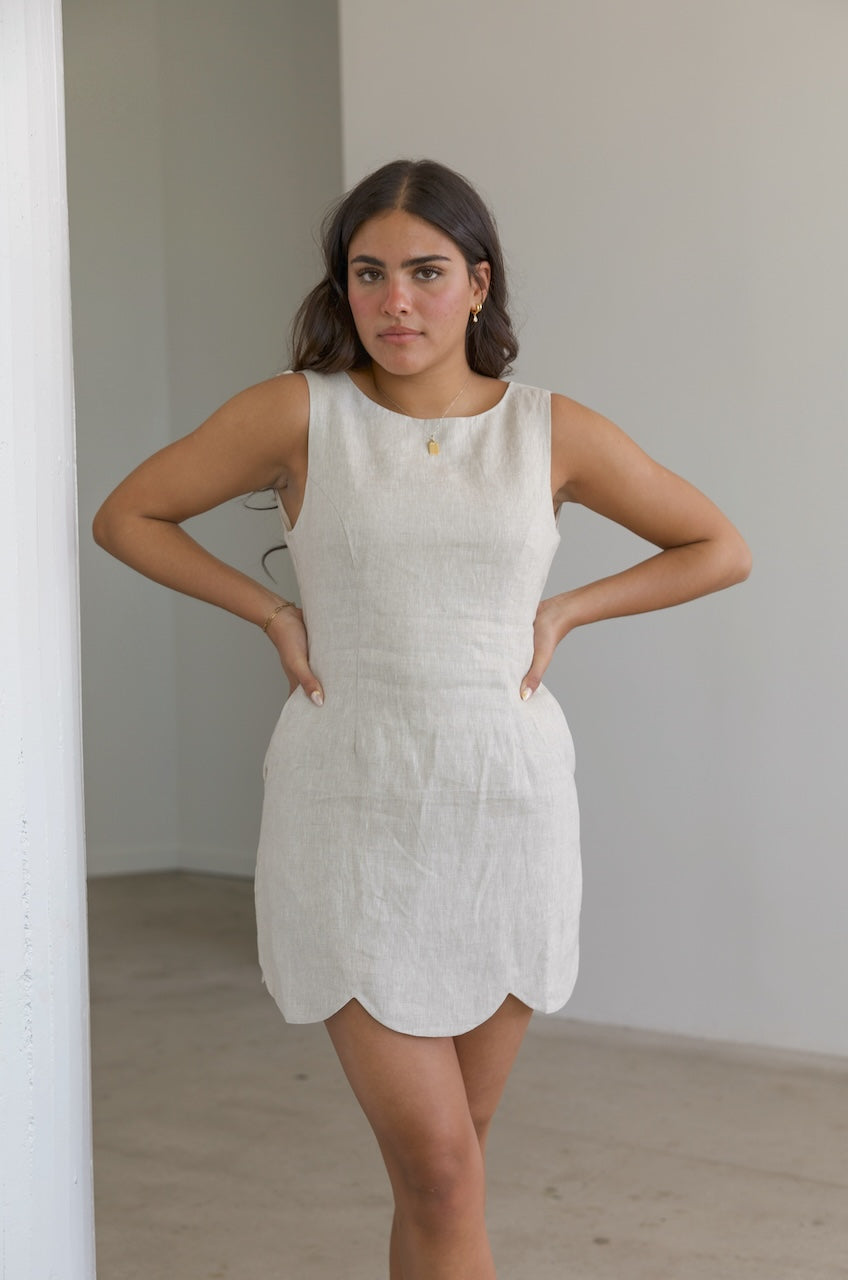 Scallop Hem Linen Mini Dress