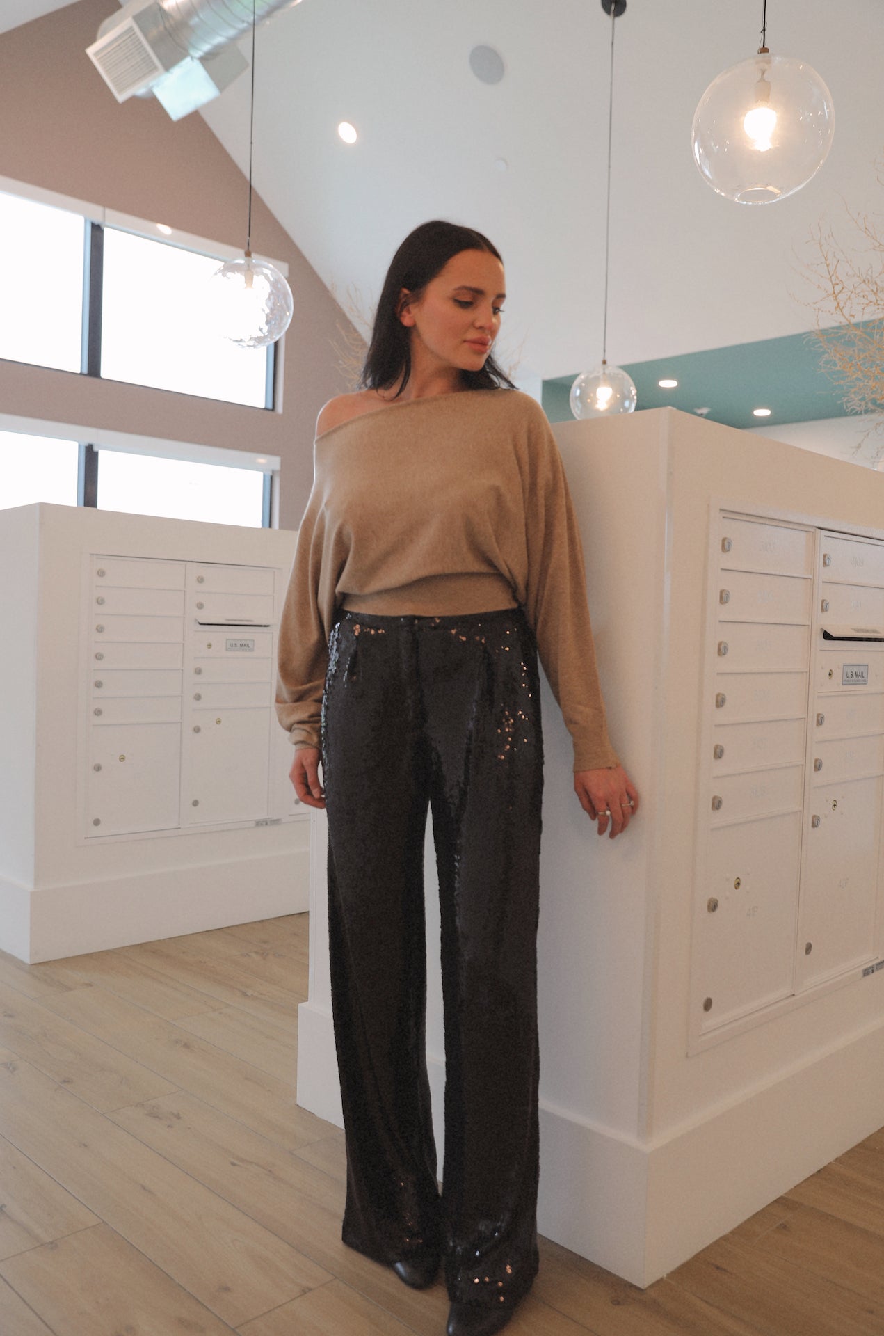 camel beige off the shoulder boat neck sweater top