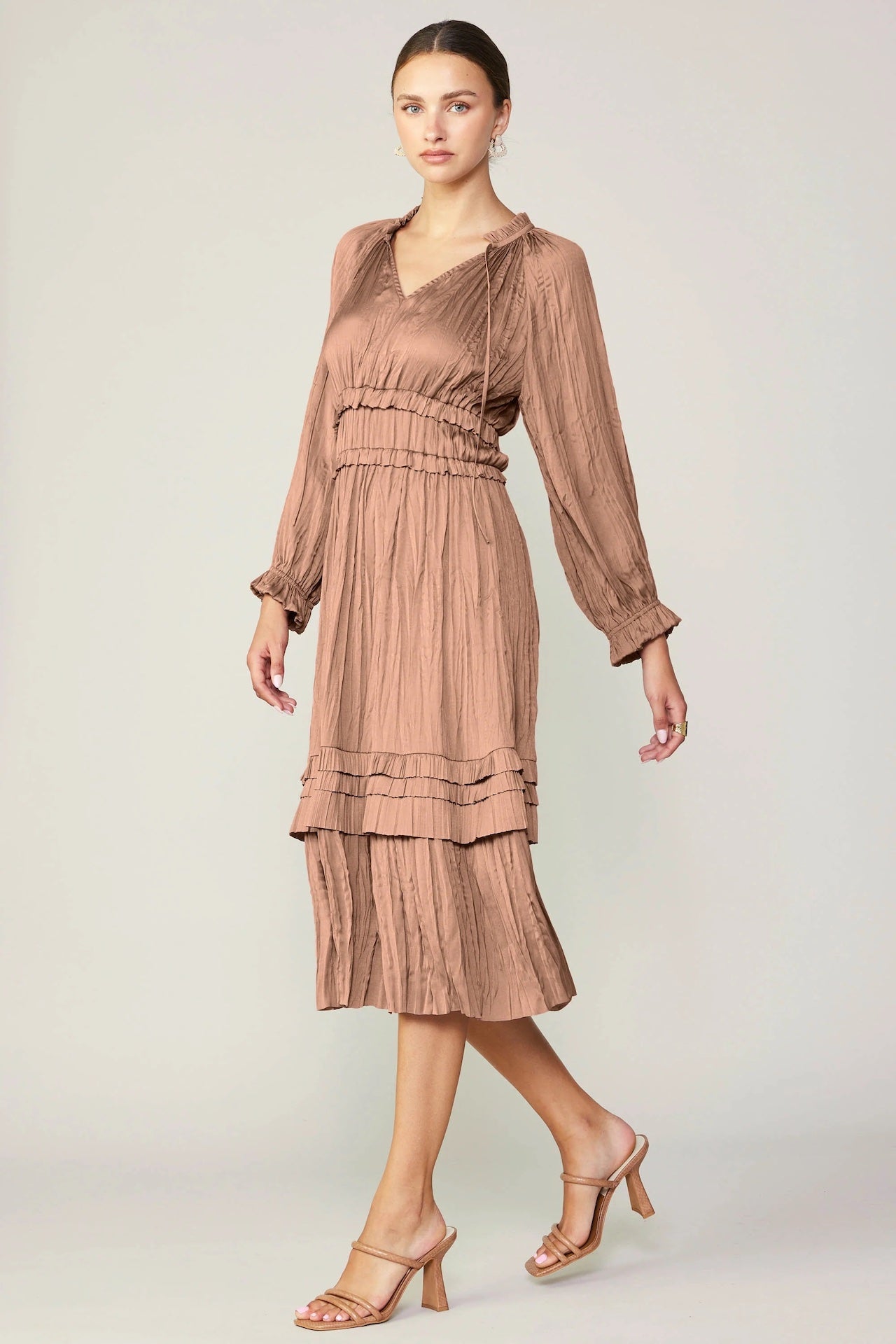 dusty clay beige pleated midi dress with long sleeves