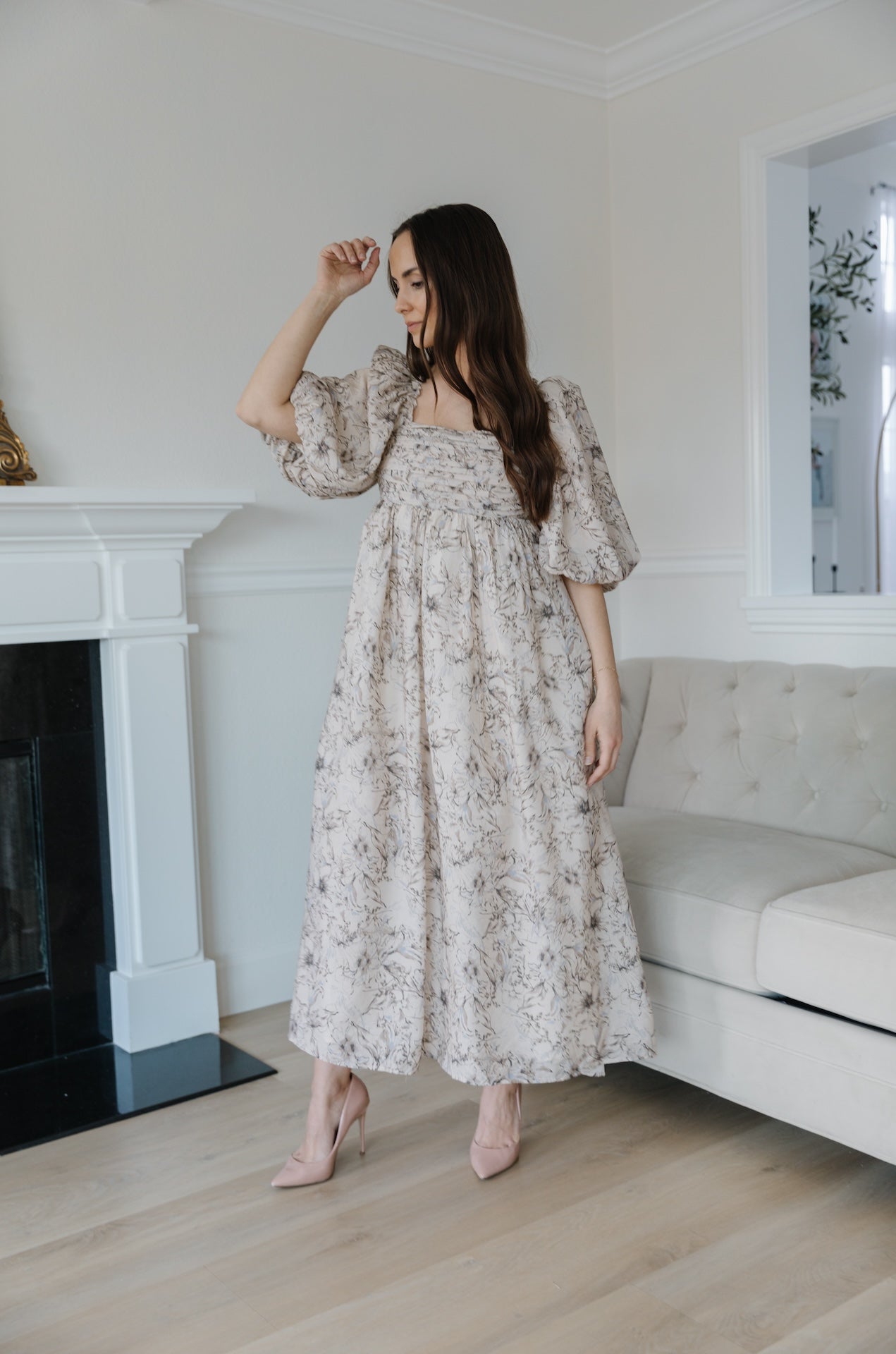 beige floral puff sleeve midi dress with a back bow tie