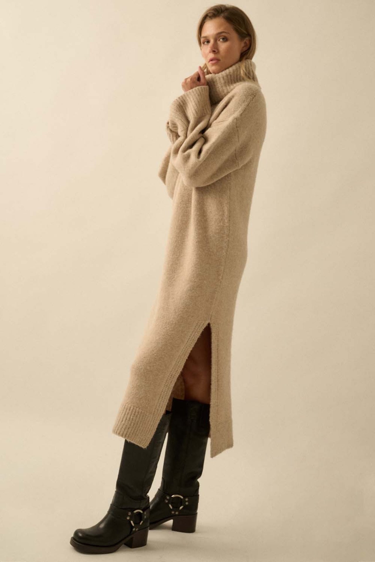 Oversized Turtleneck Sweater Dress - Beige Knit