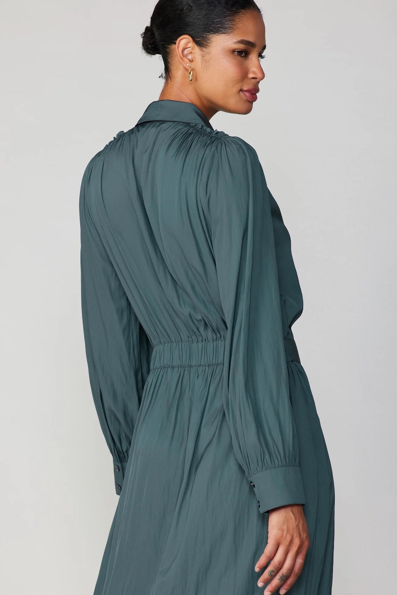 forest green midi long sleeve dress with a belt and button down style