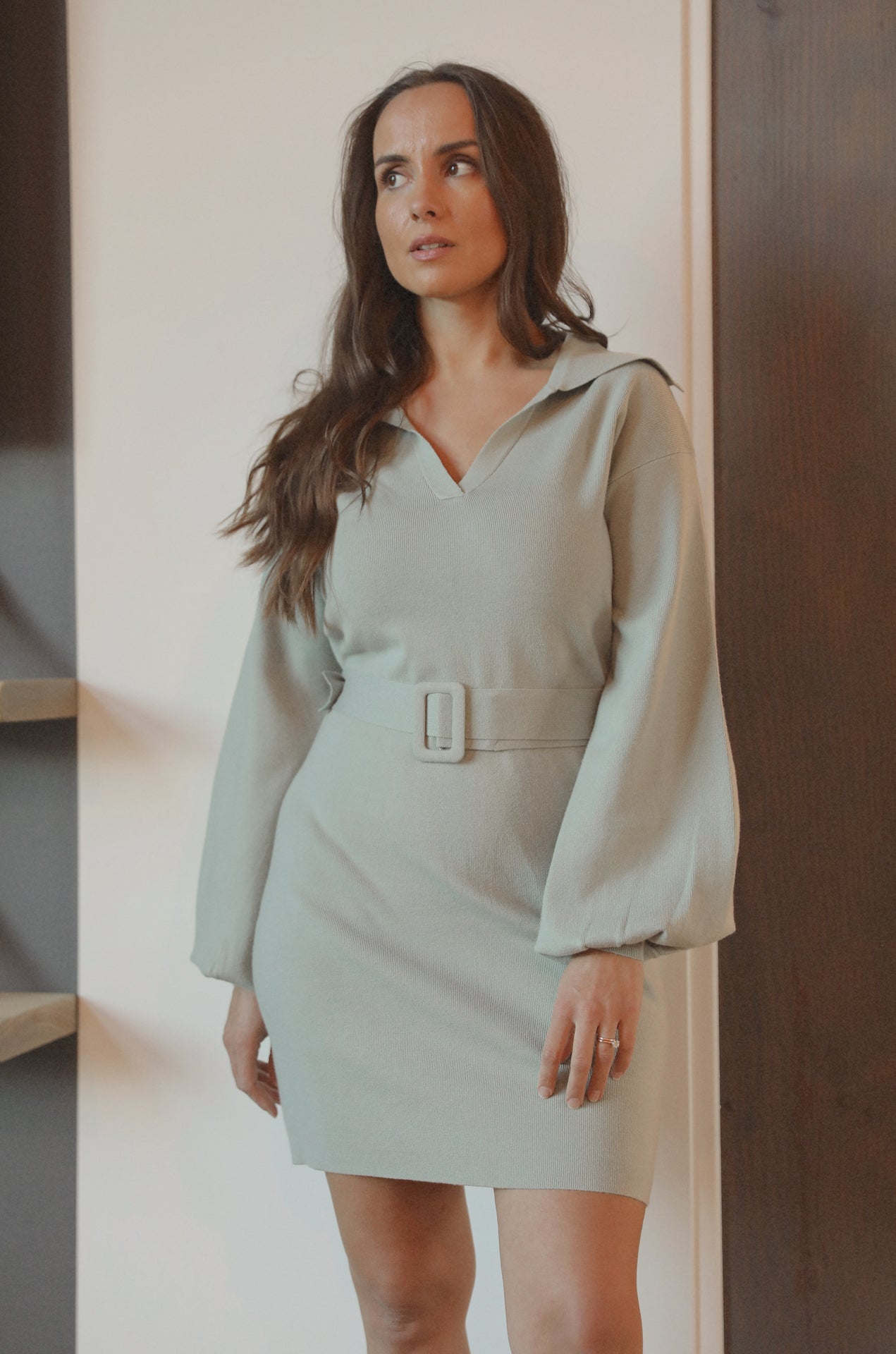mint belted sweater dress with long sleeves