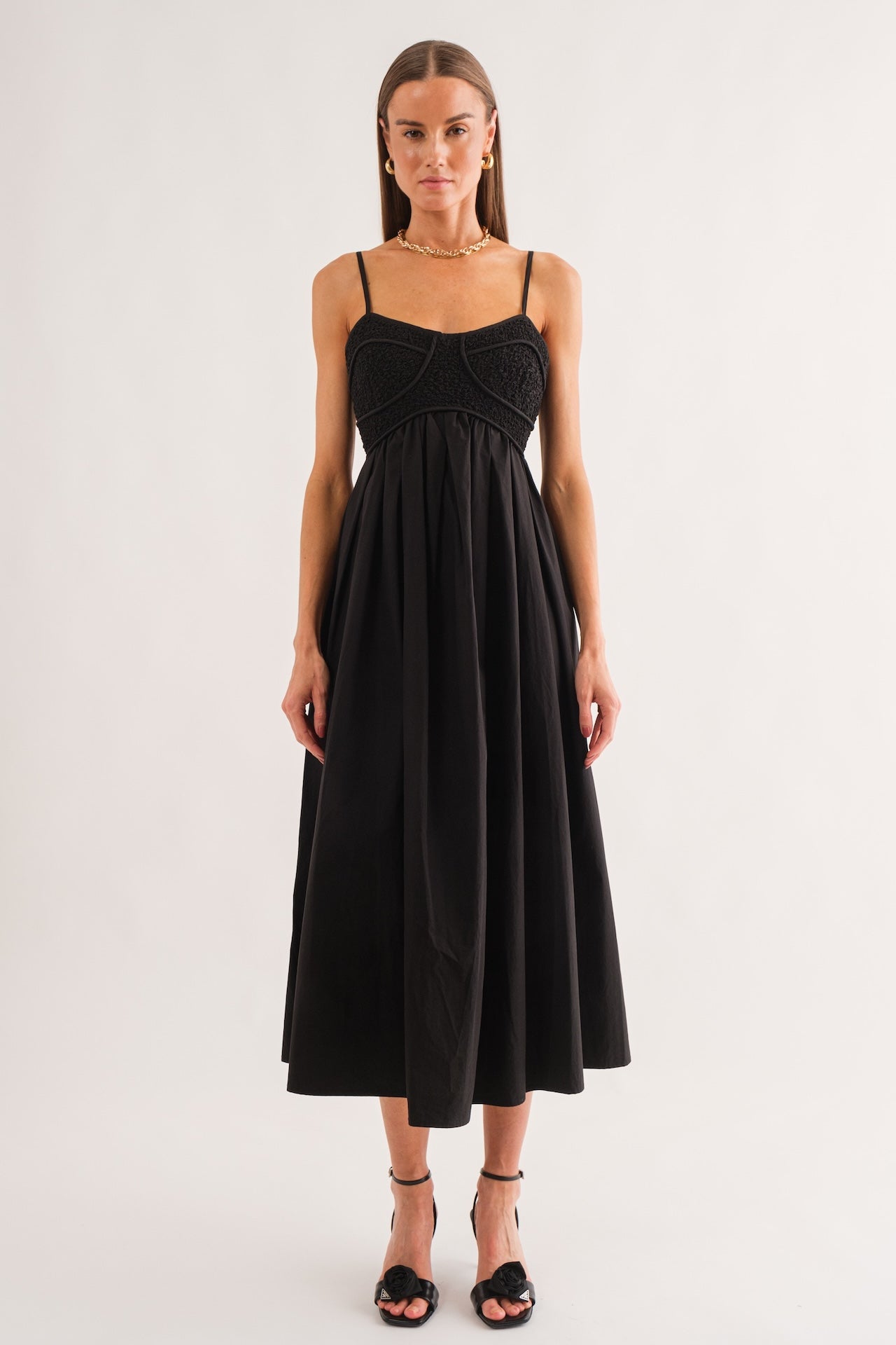 black a-line spaghetti strap midi dress