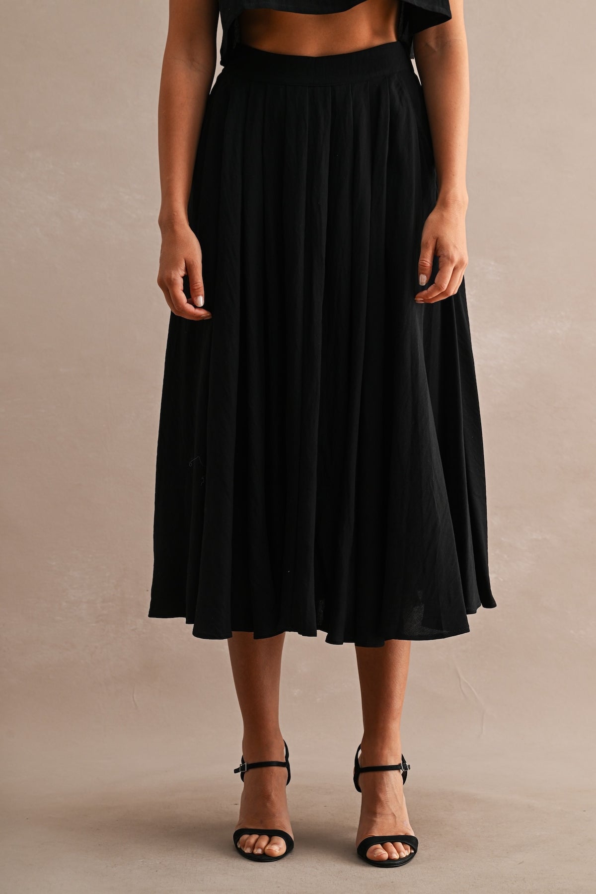 Black Cotton Two Piece Crop Top & Midi Skirt Set