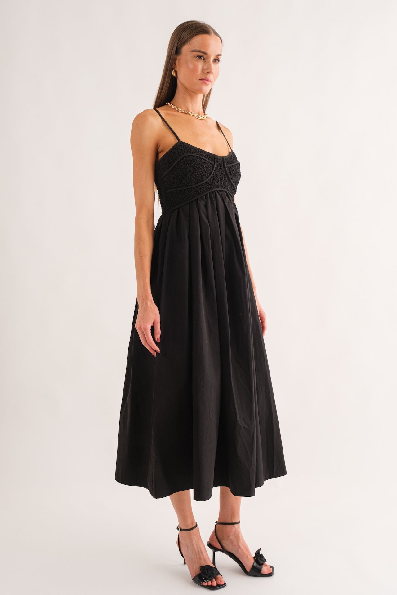 black a-line spaghetti strap midi dress