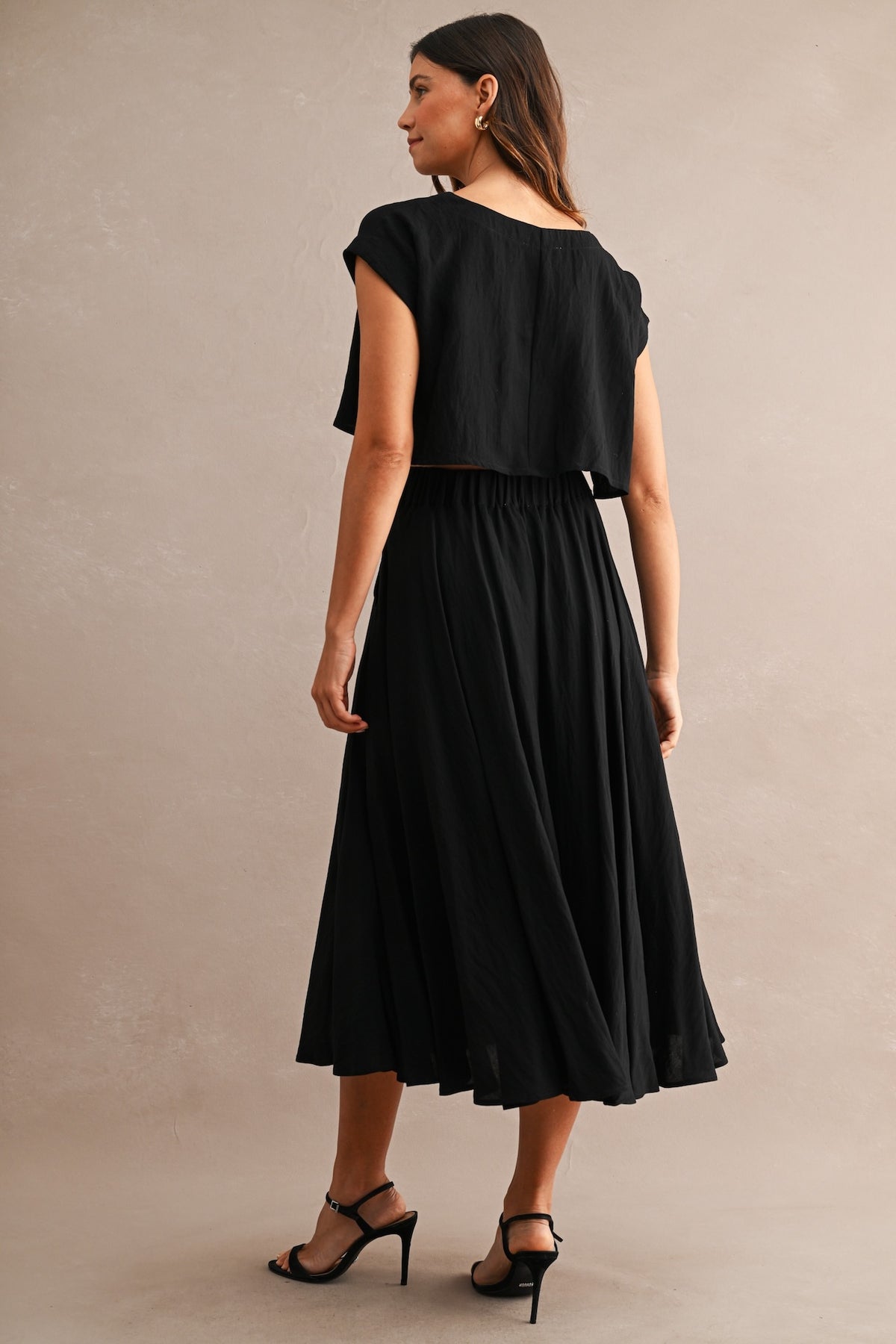 Black Cotton Two Piece Crop Top & Midi Skirt Set