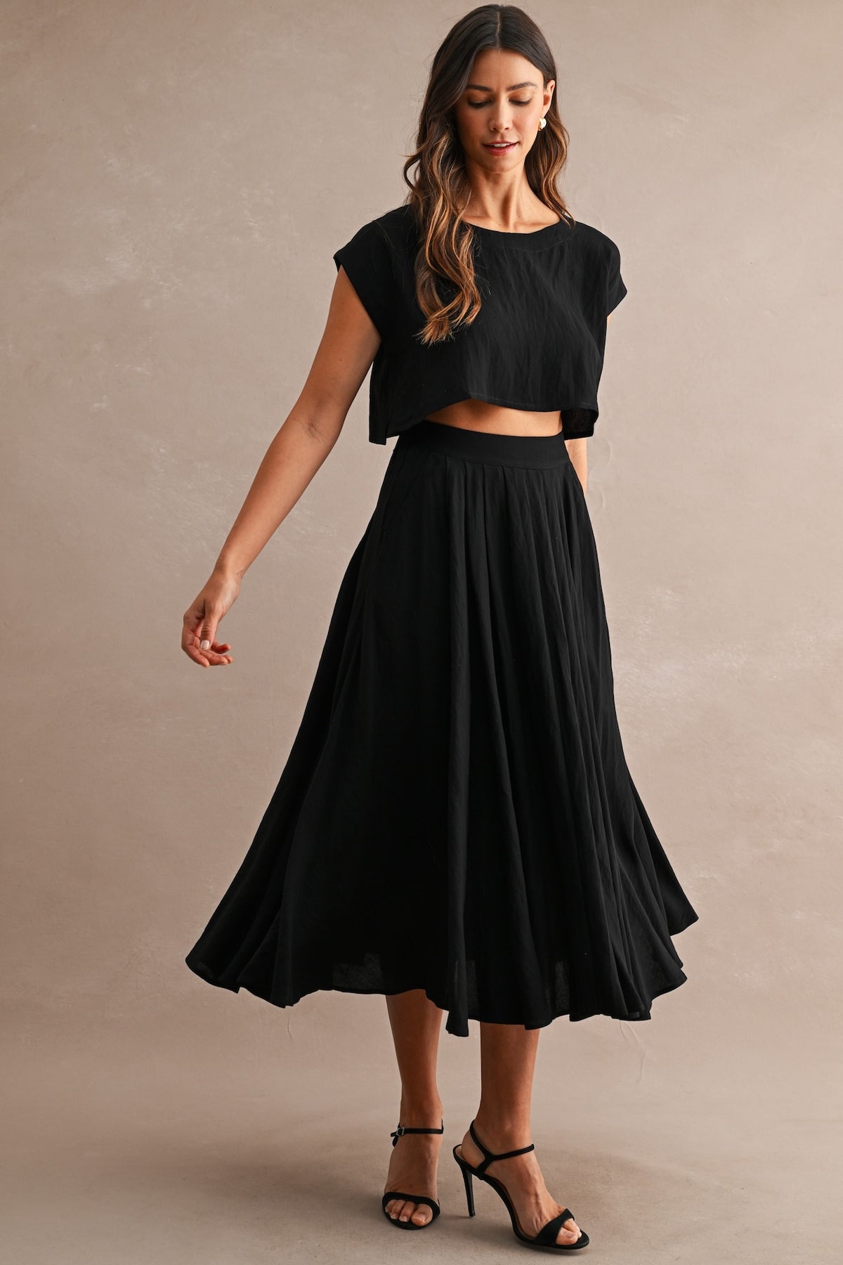 Black Cotton Two Piece Crop Top & Midi Skirt Set