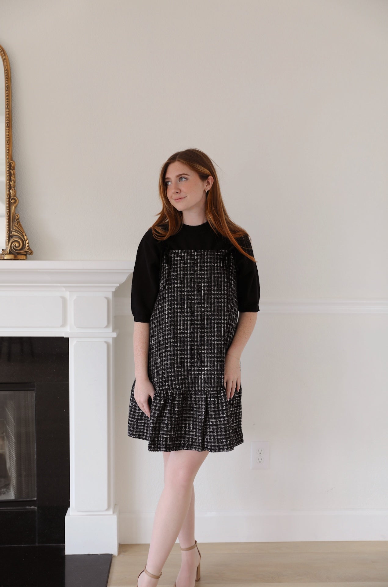 black and white tweed velvet spaghetti mini dress with velvet bow ties
