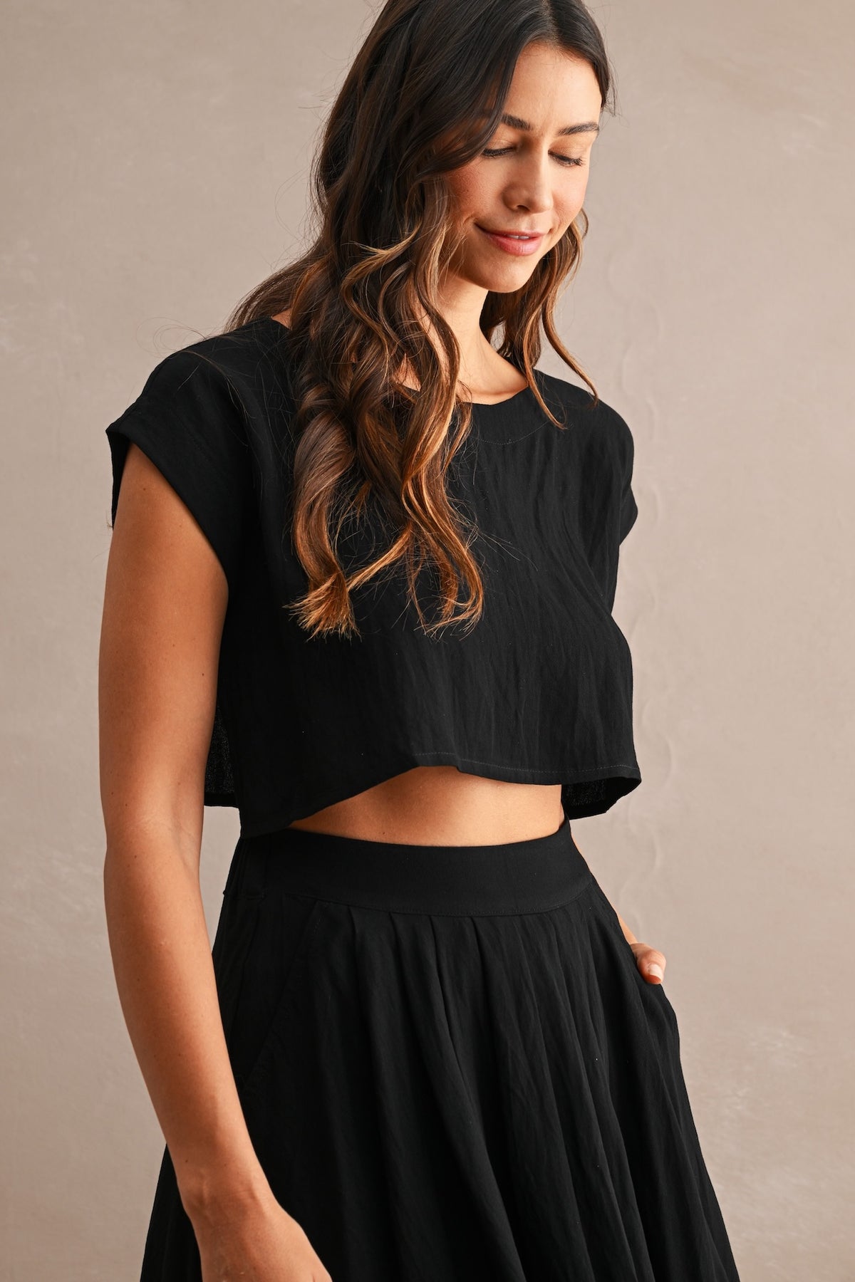 Black Cotton Two Piece Crop Top & Midi Skirt Set