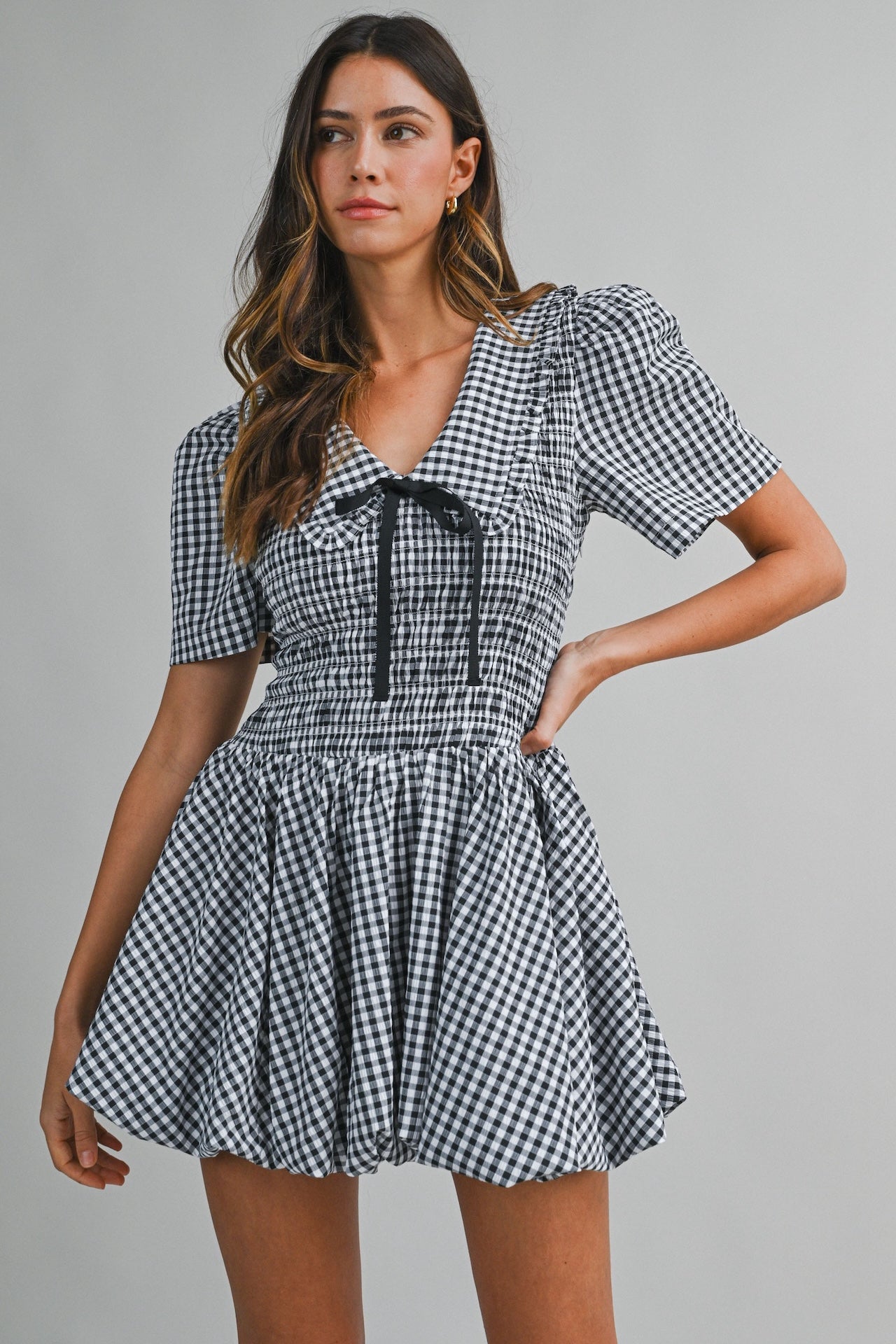 Black Gingham Puff Sleeve Mini Dress