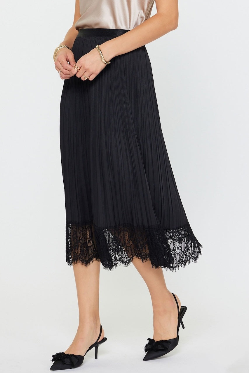 Black Pleated Midi Skirt With Lace Trim Hem