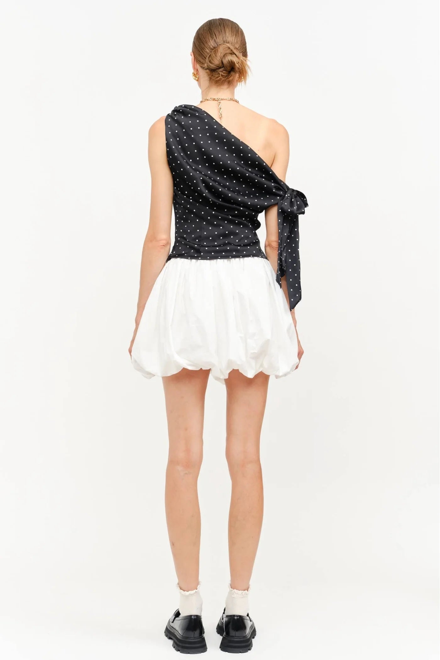 Black Asymmetrical Polka Dot One Shoulder Top