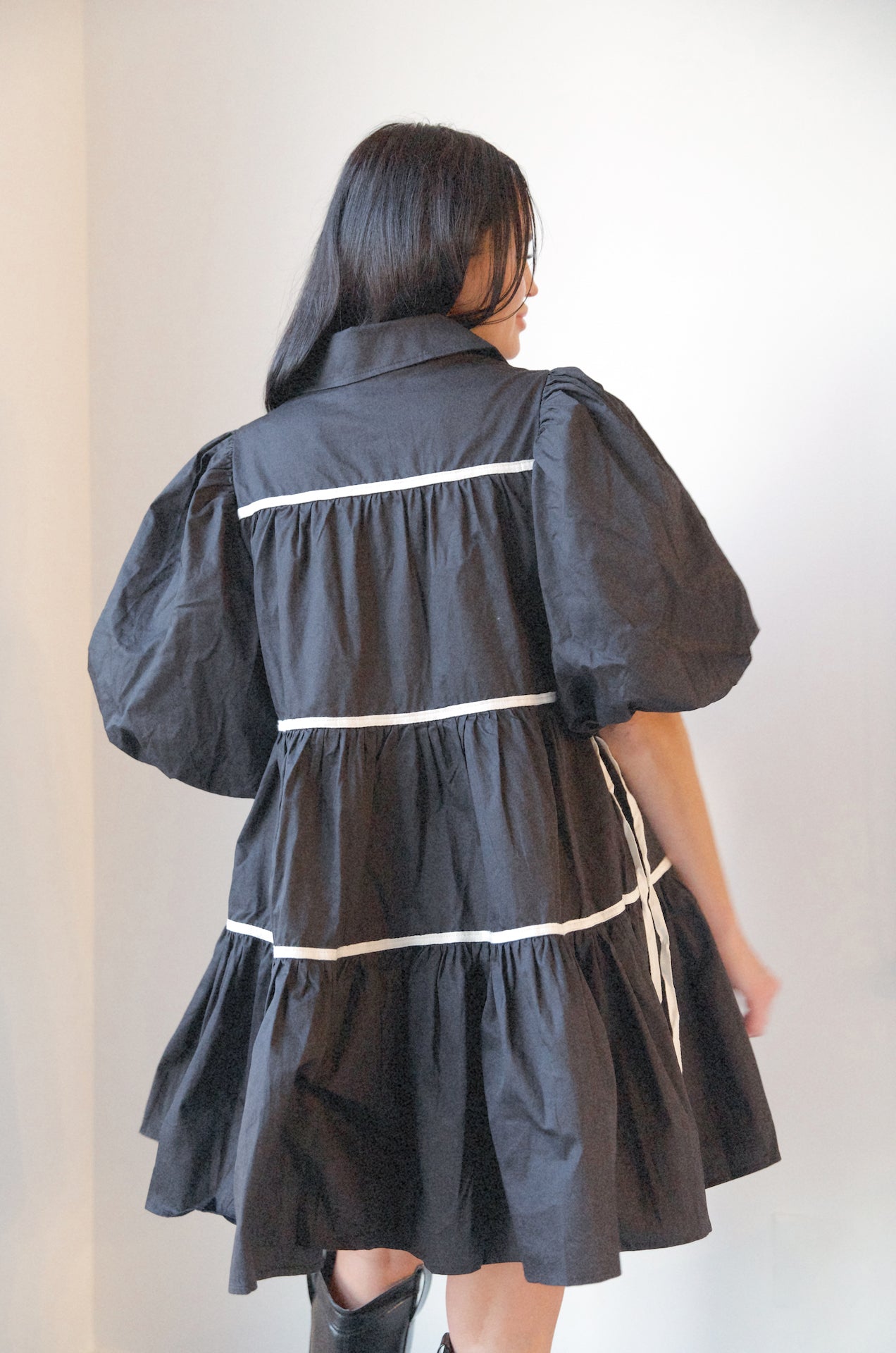 black poplin puff sleeve babydoll mini dress