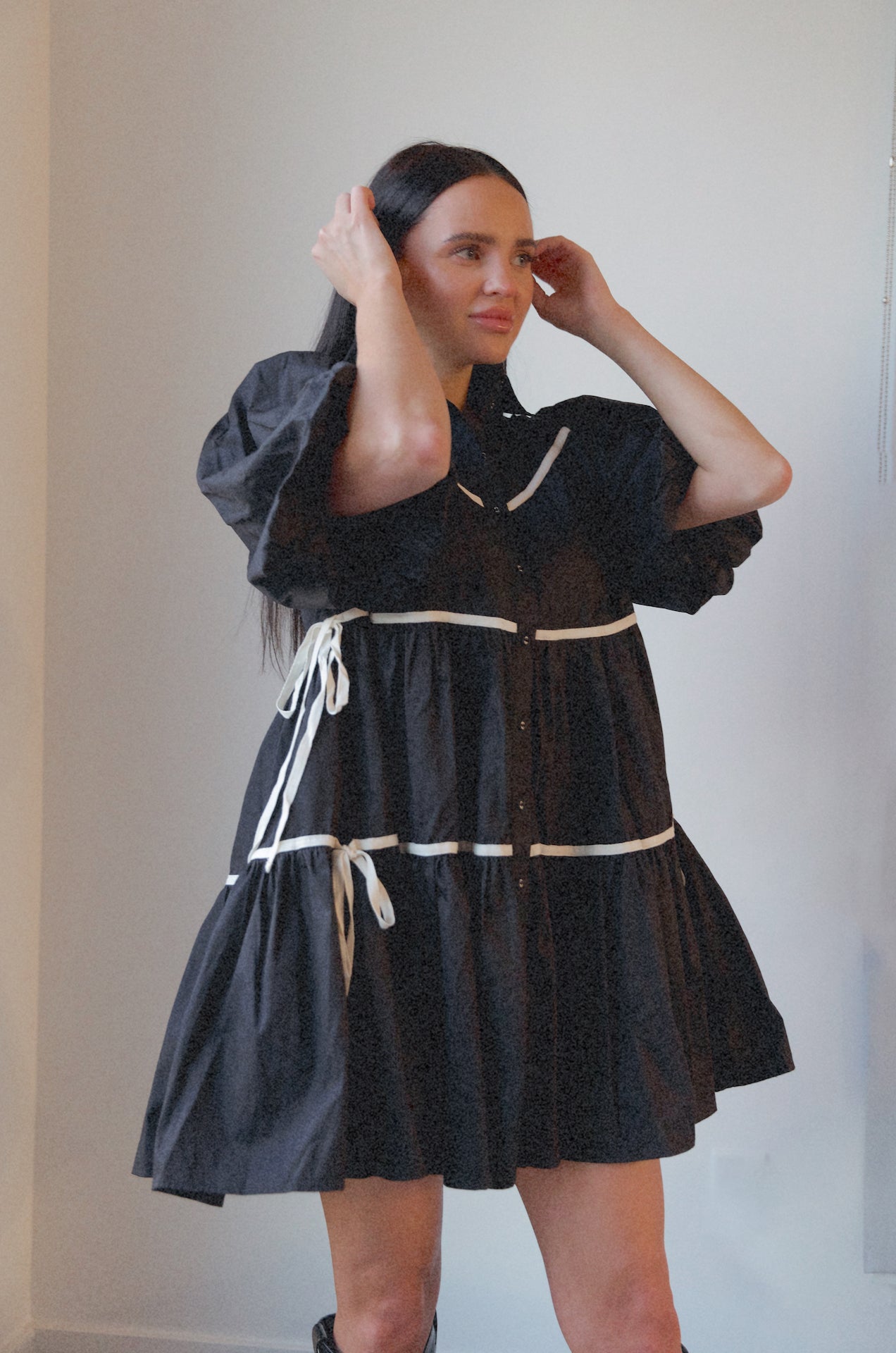 black poplin puff sleeve babydoll mini dress