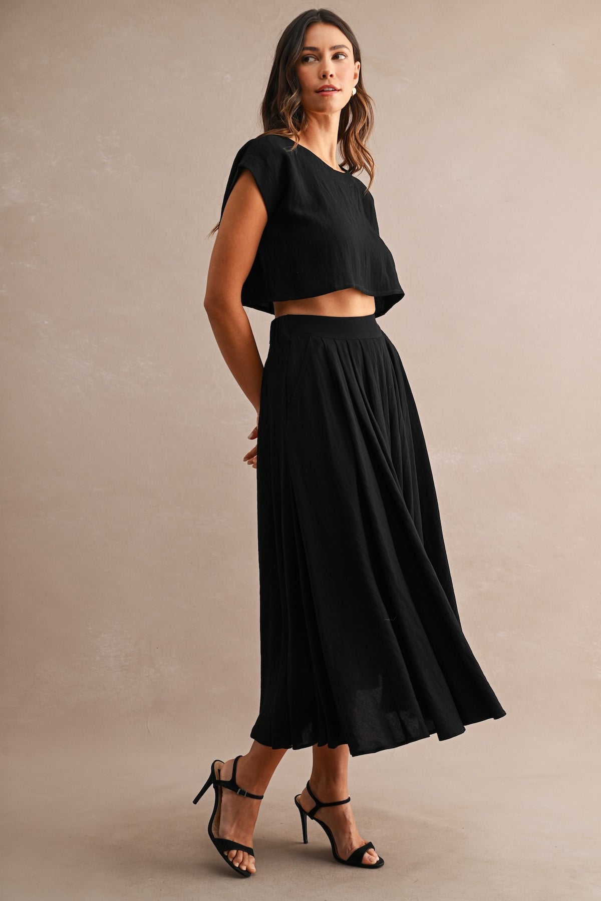 Black Cotton Two Piece Crop Top & Midi Skirt Set