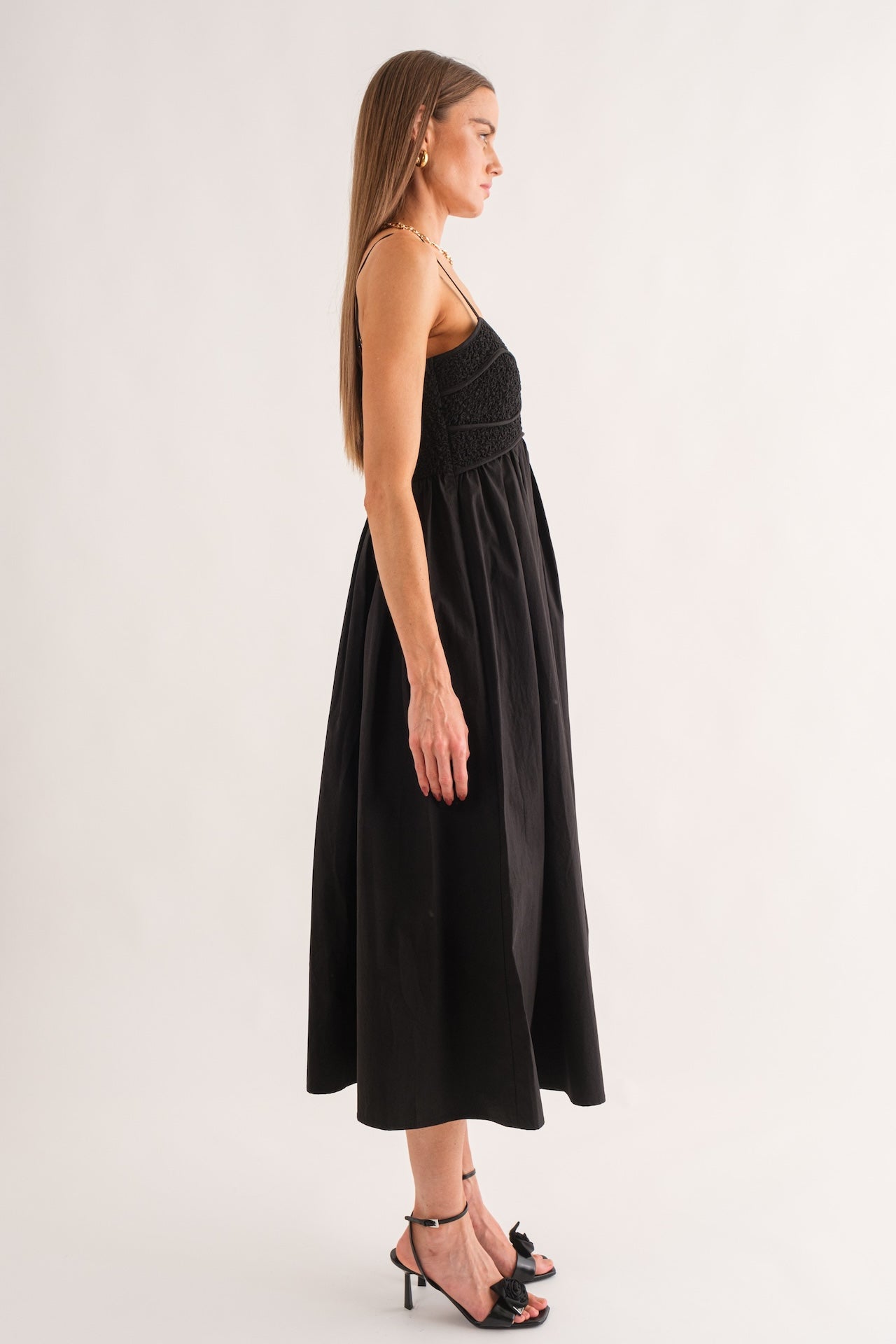 black a-line spaghetti strap midi dress