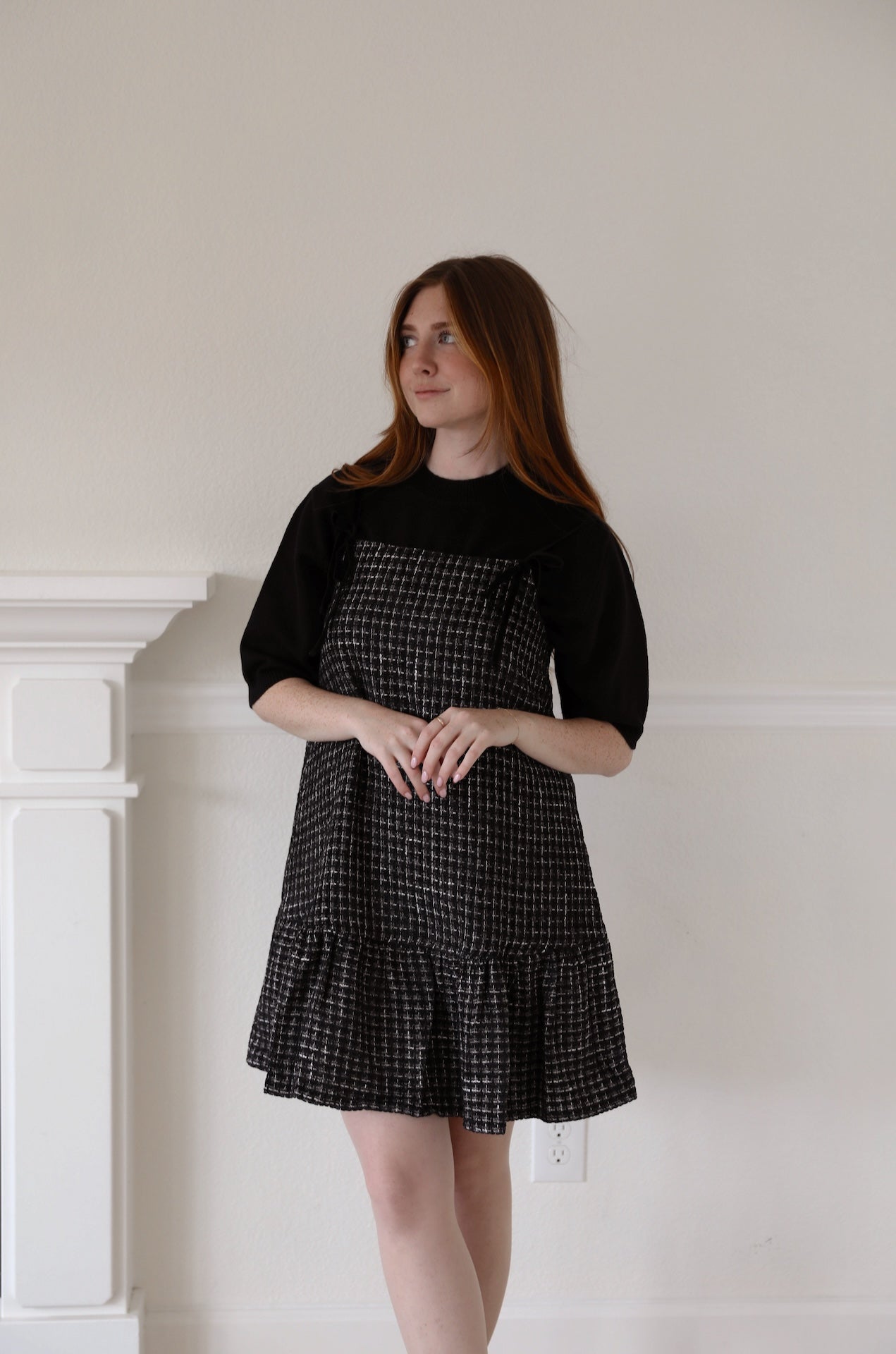 black and white tweed velvet spaghetti mini dress with velvet bow ties