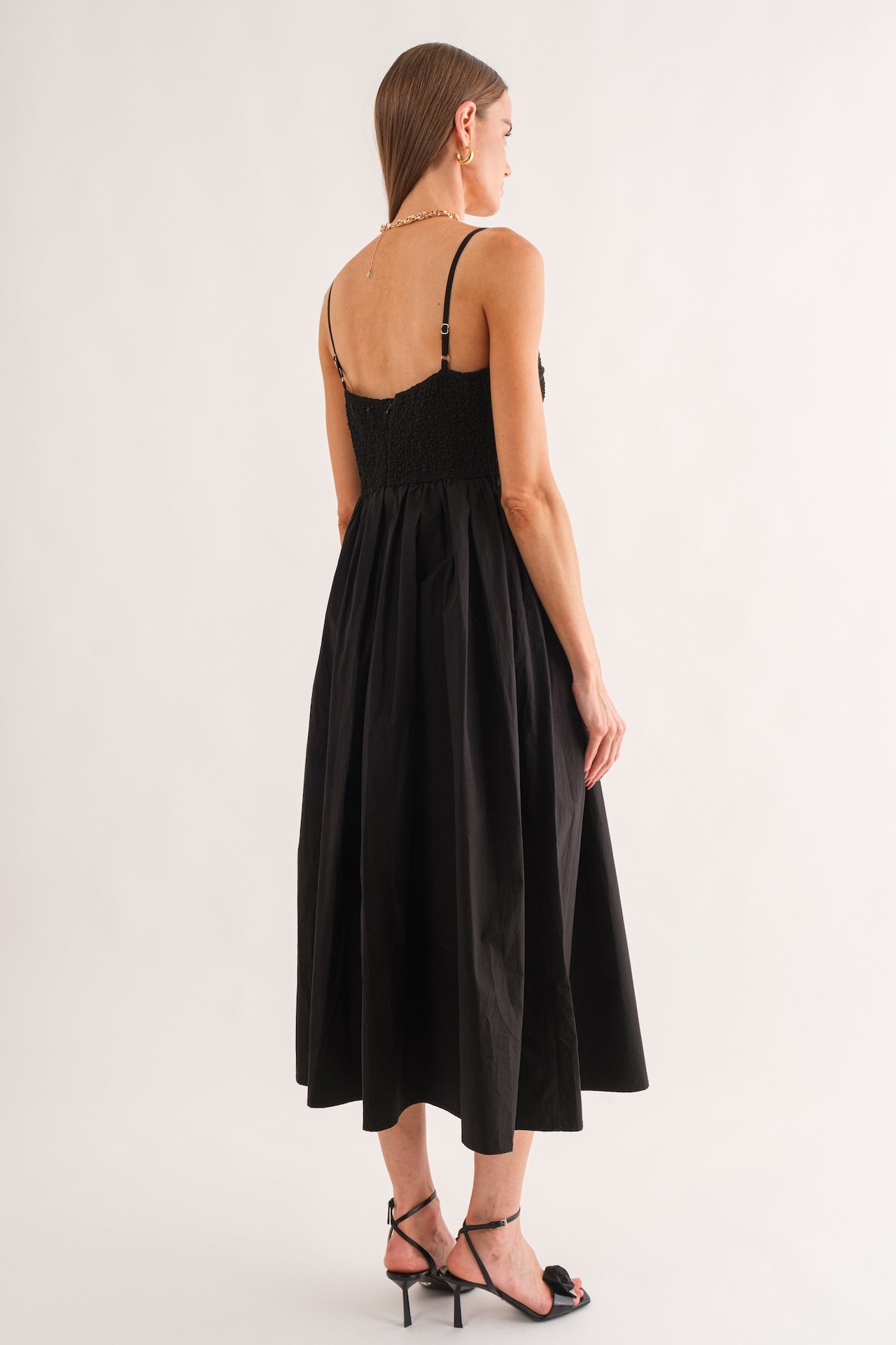 black a-line spaghetti strap midi dress