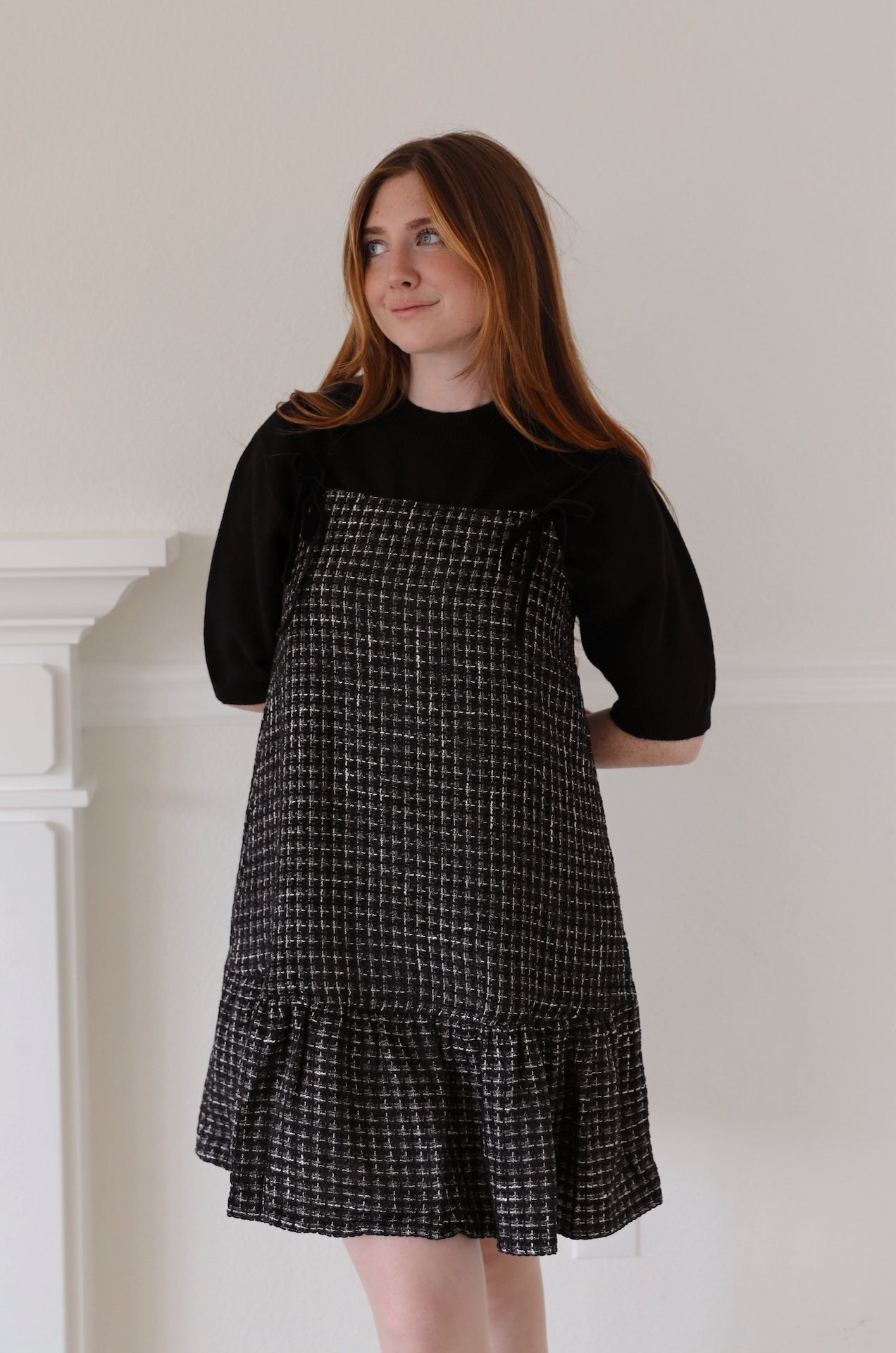 black and white tweed velvet spaghetti mini dress with velvet bow ties