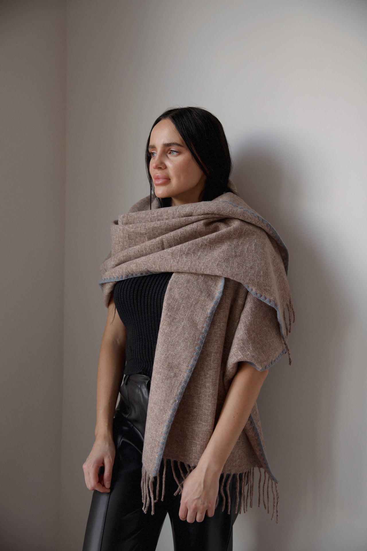 beige fringe scarf with grey scallop stitch detail