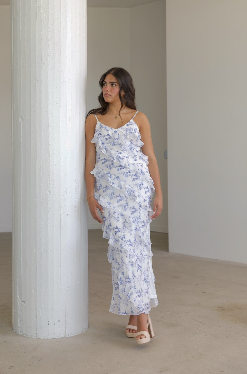 blue and white floral layered ruffle maxi dress with spaghetti straps